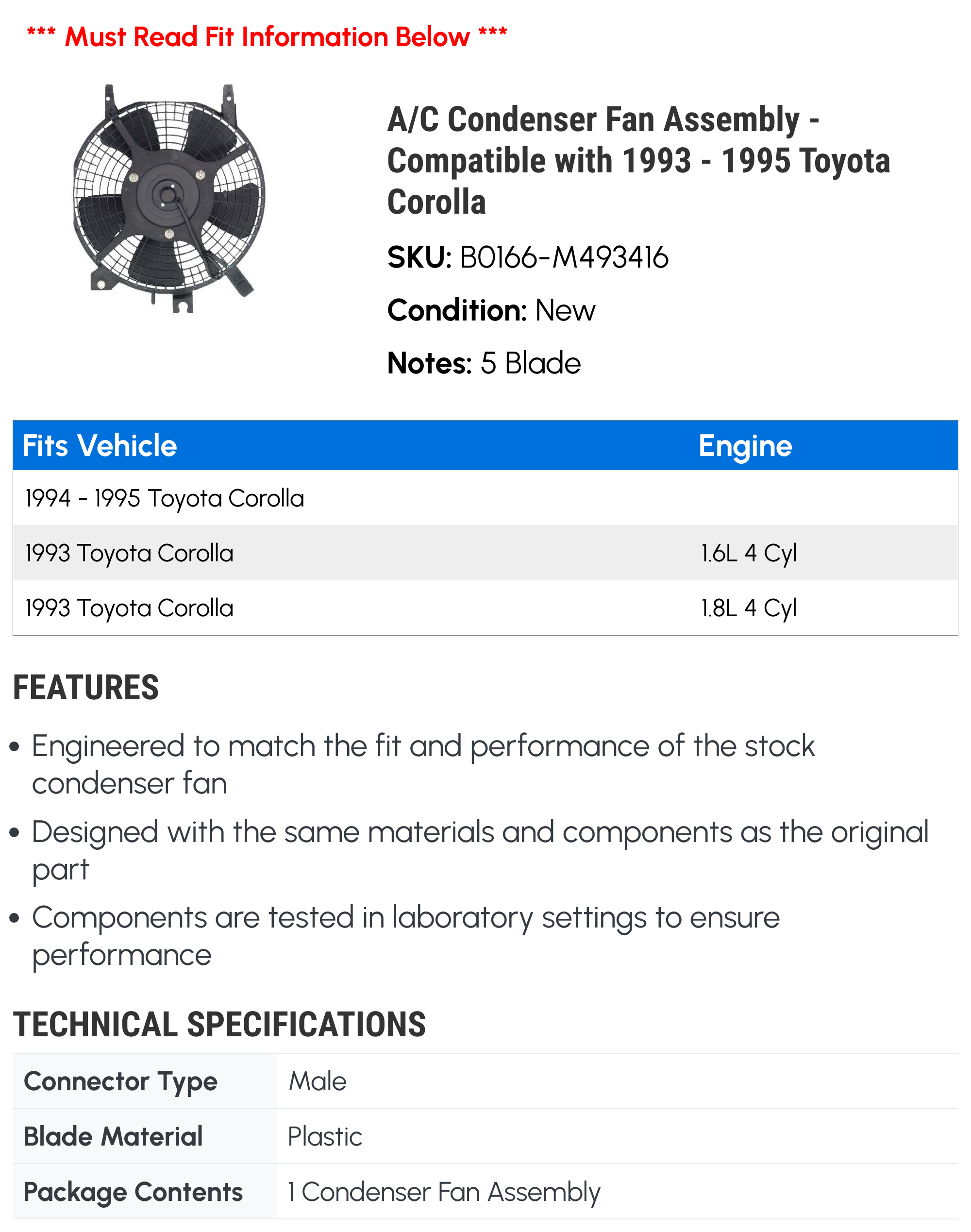 A/C Condenser Fan Assembly - Compatible with 1993 - 1995 Toyota Corolla 1994