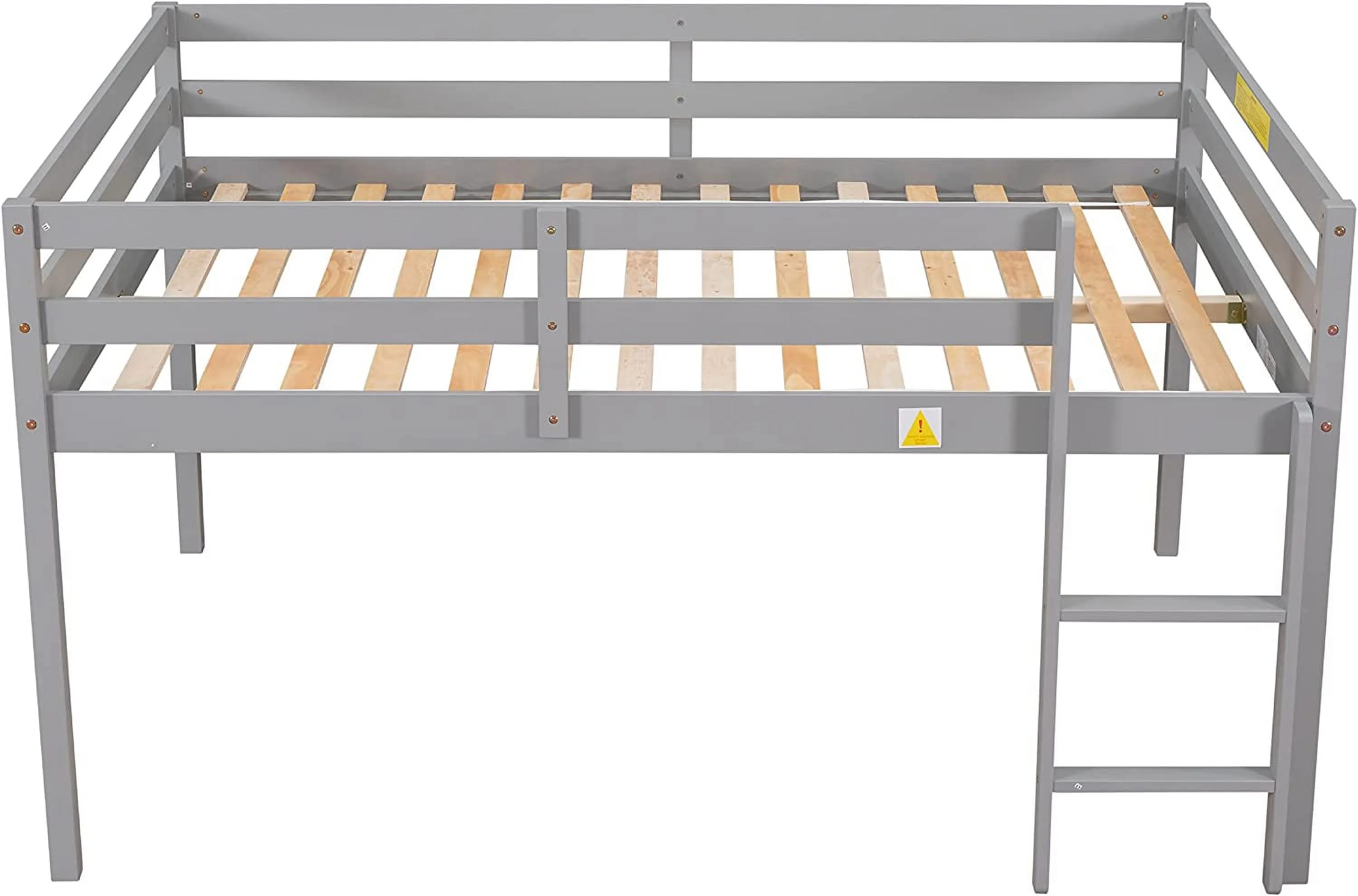 Low Lof Bed Full Size Kids Lof Wood Bed Frame Wih Ladder For Girls, Boys (Full Size, Gray)