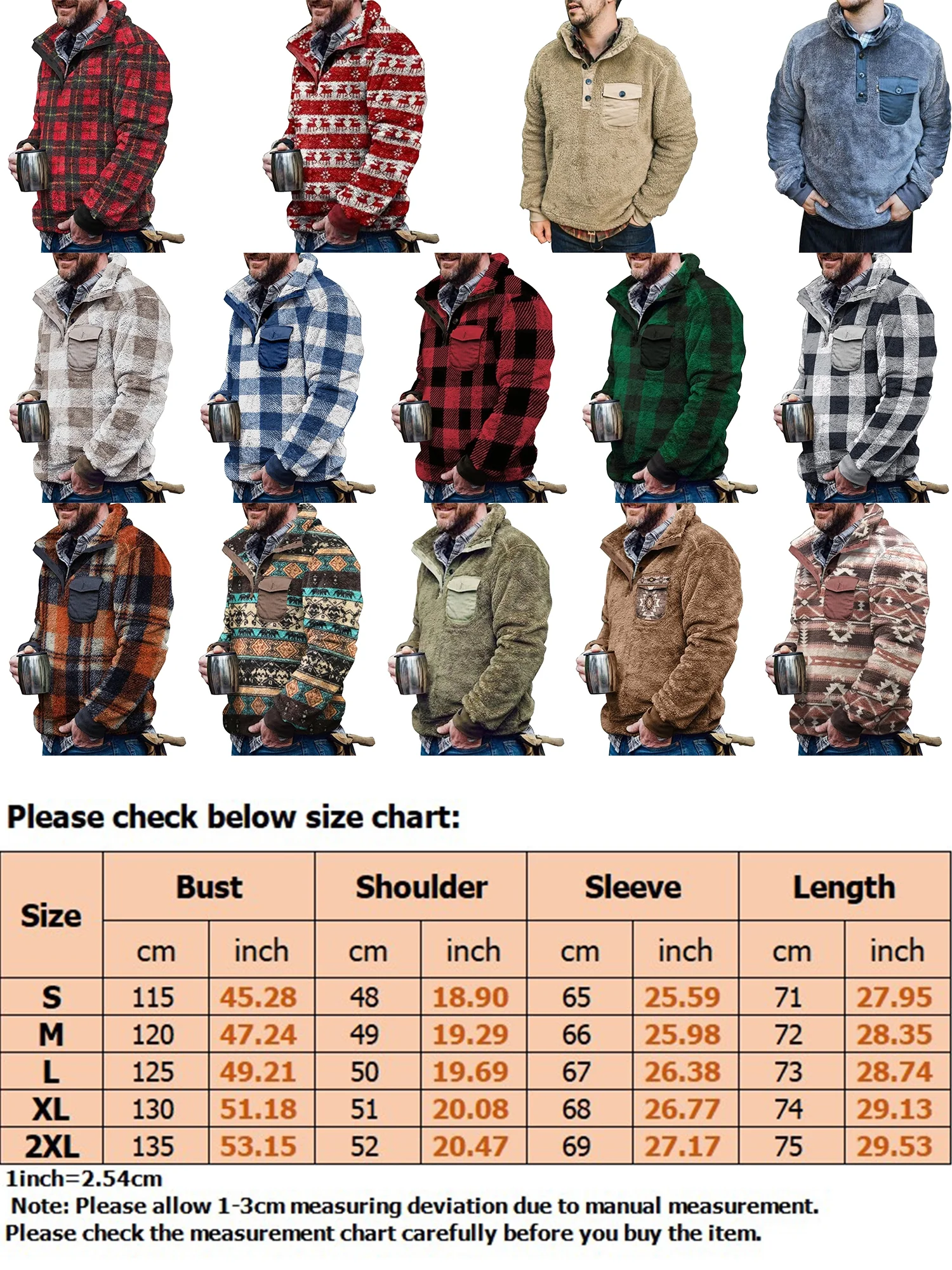 Capreze Men Plaid Shirt Double-Sided Plush Jacket Long Sleeve Casual Pullover Turn-down Neck Button Thickened Winter Warm Shirts with Pocket