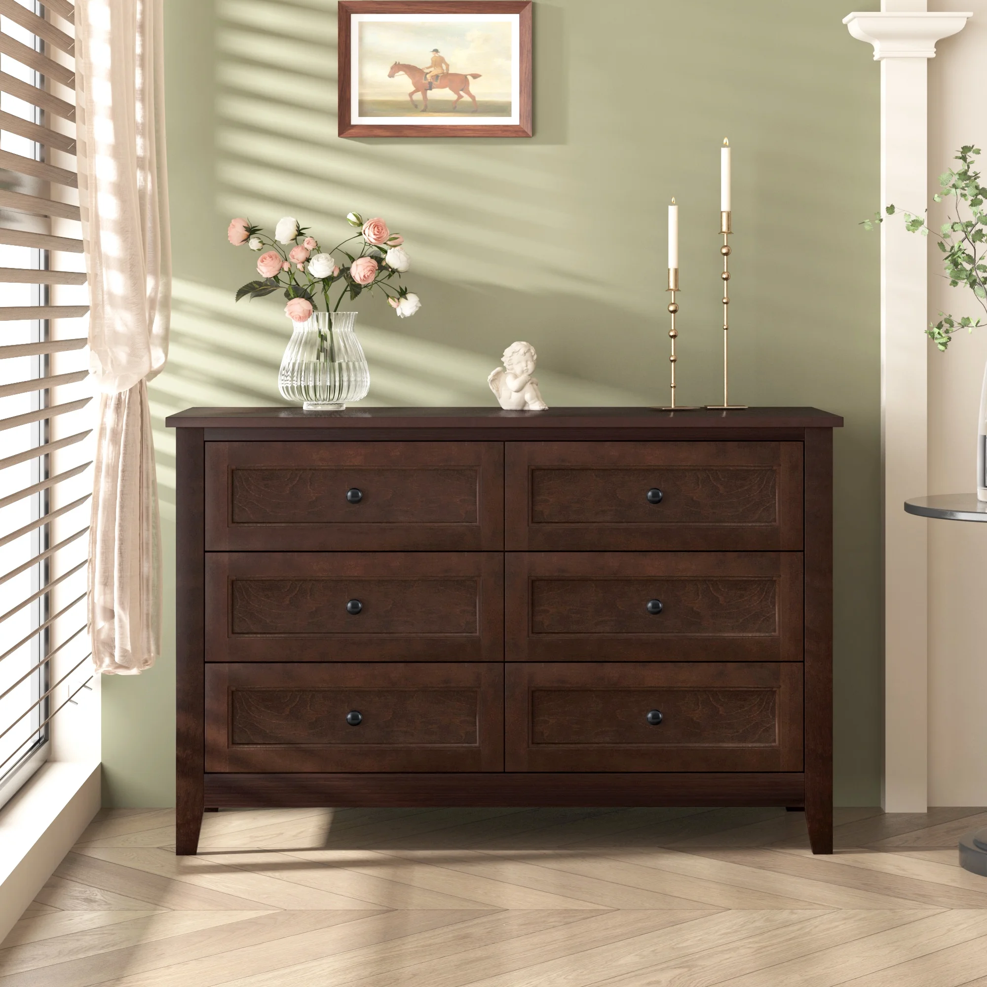 Classic 6 Drawers Dresser for Bedroom, Solid Wood Storage Chest Cabinet Organizer for Living Room Hallway