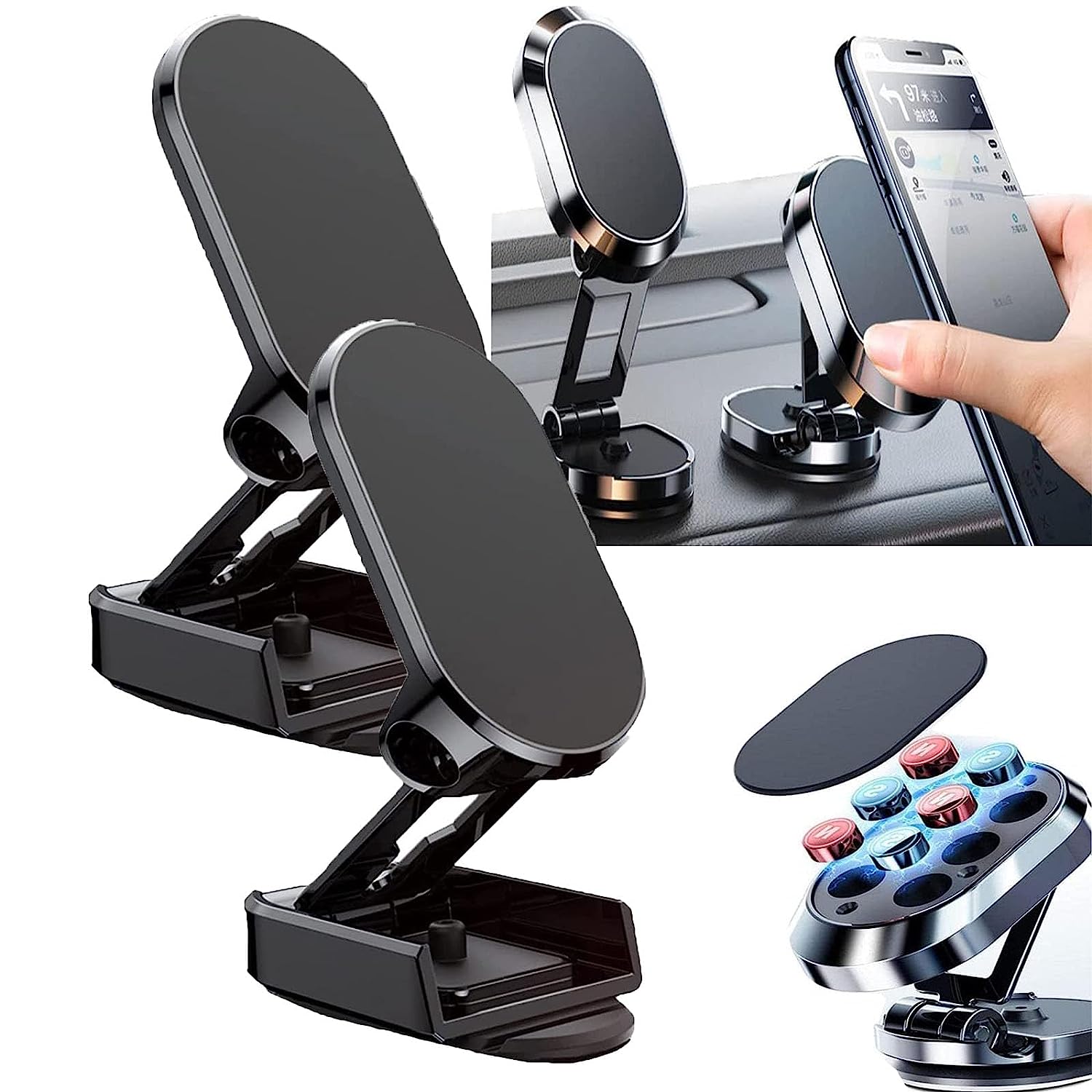 2023 NEW Rippoco Phone Holder,Rippoco Alloy Folding Magnetic Car Phone Holder,Goodnessk Car Phone Holder,Nitte Metal Folding Car Phone Holder,Rippoco Phone Mount (2Black)