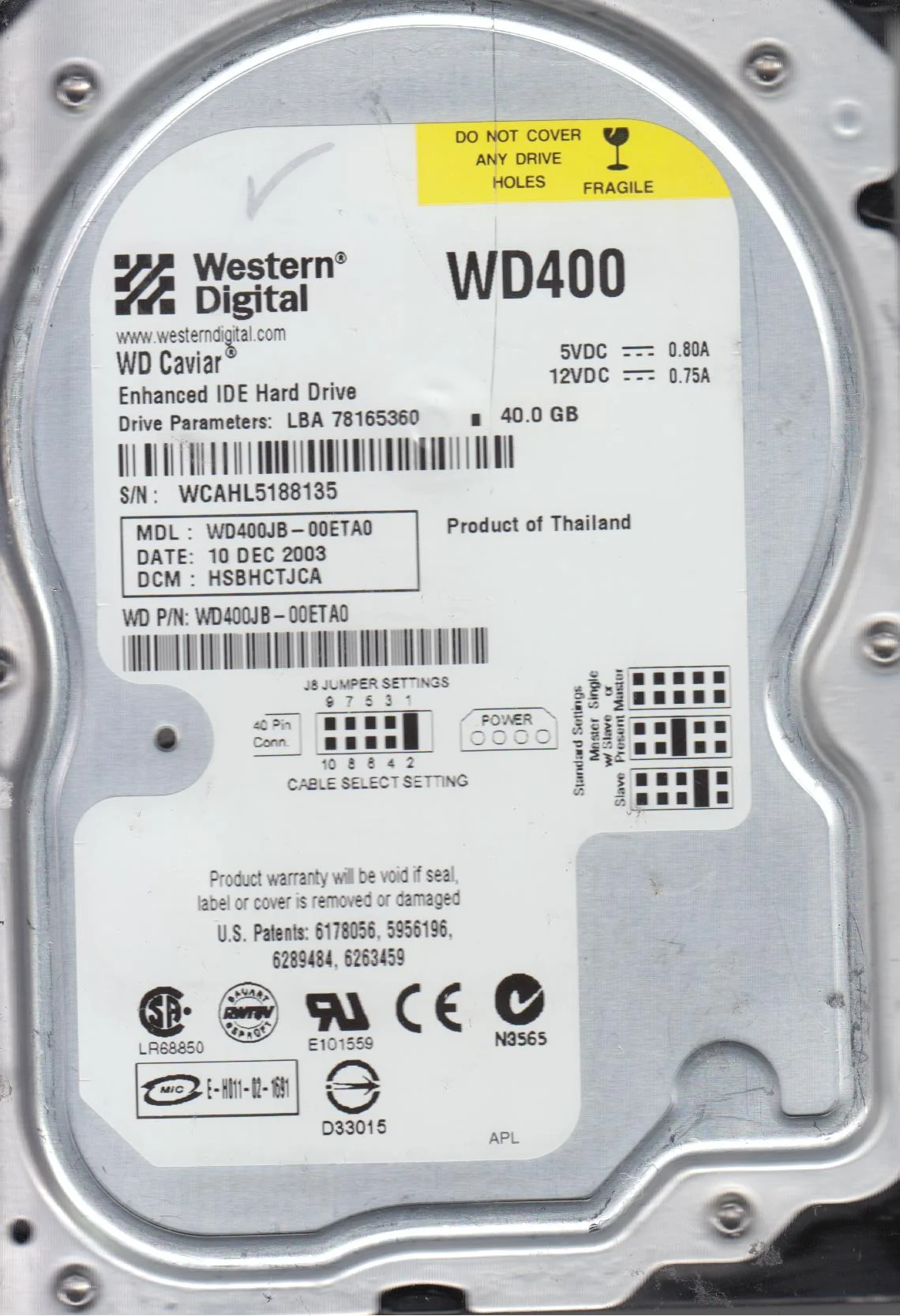WD400JB-00ETA0, DCM HSBHCTJCA, Western Digital 40GB IDE 3.5 Hard Drive