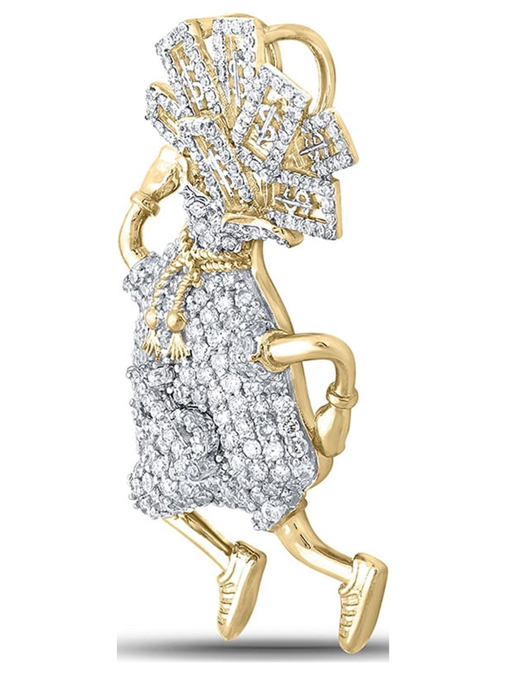 Macey Worldwide Jewelry 10k Yellow Gold Mens Diamond Money Bag Run Charm Pendant 1-5/8 Ctw