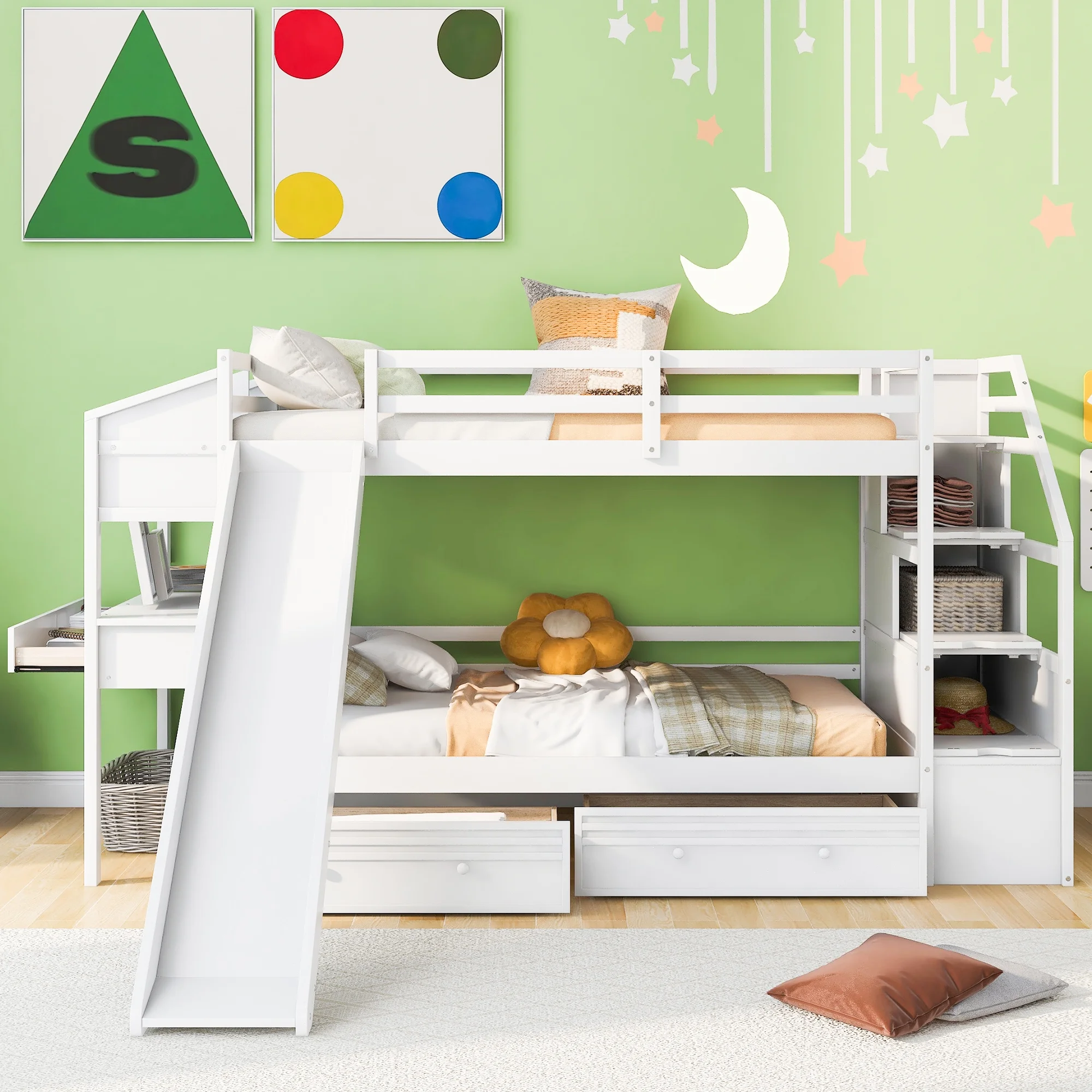 Euroco Wood Twin over Twin Bunk Bed with Desk and Slide, 4 Drawers and Shelf, Bookcase and Storage Staircase for Kids, White