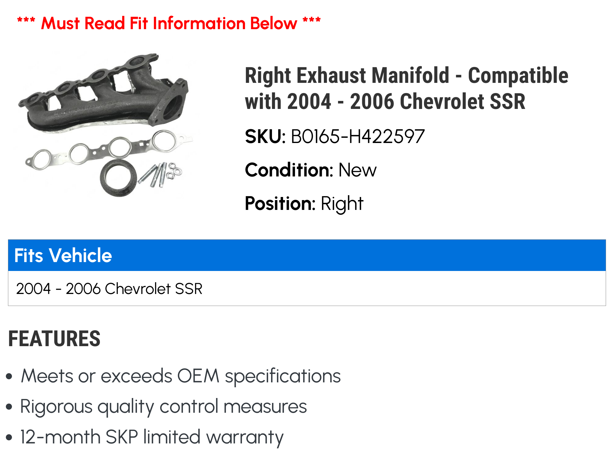 Right Exhaust Manifold - Compatible with 2004 - 2006 Chevy SSR 2005