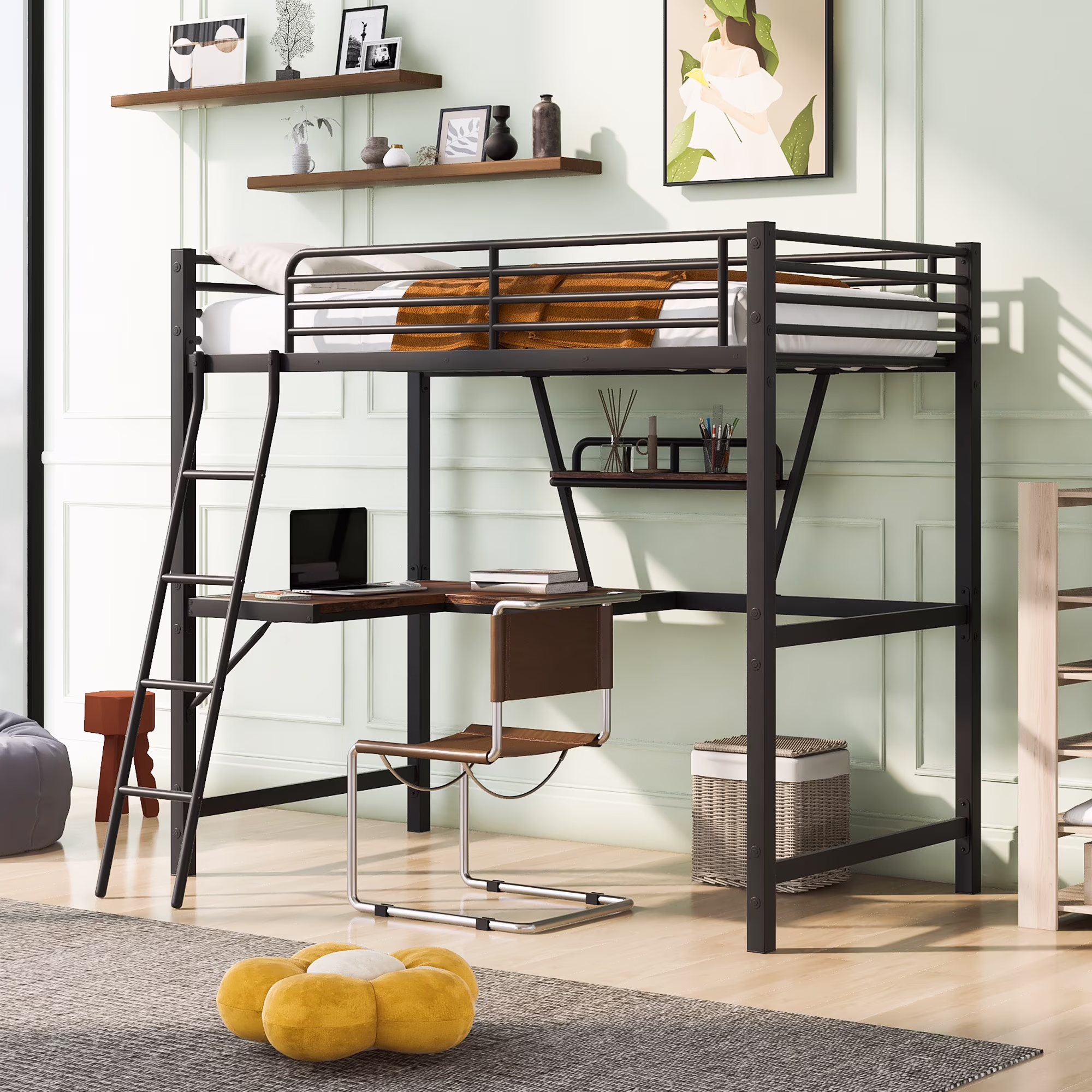 Euroco Metal Twin Size Loft Bed for Kids, Solid Metal Bed with Desk and Shelf for Living Room, Black