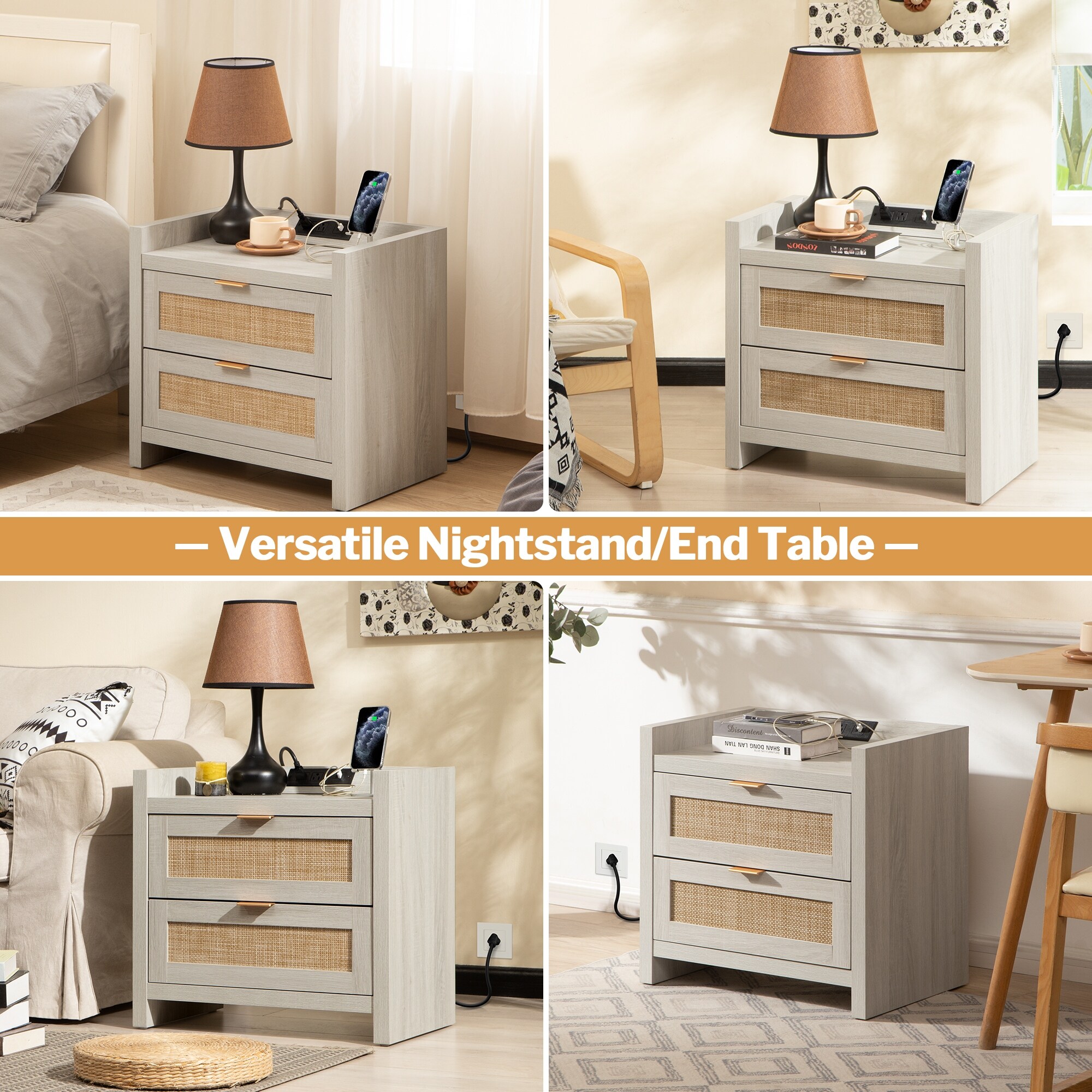 SICOTAS  Farmhouse Set of 2 Nightstand with Charging Station and 2-Drawers White