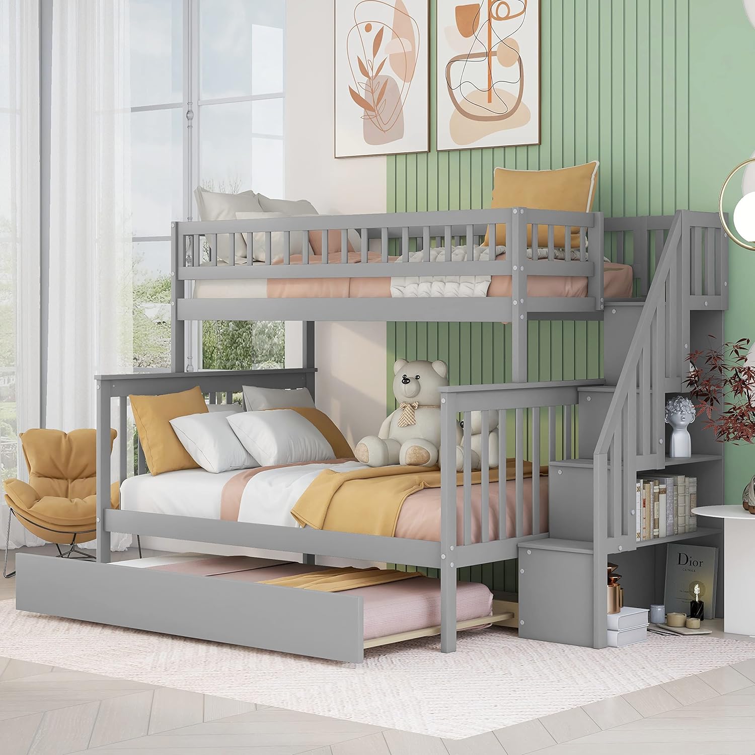 Solid Wood Over Full Bunk Beds With Trundle And Storage, Kids Bunk Beds With Trundle Bed (Gray Over Full Bunk Beds)