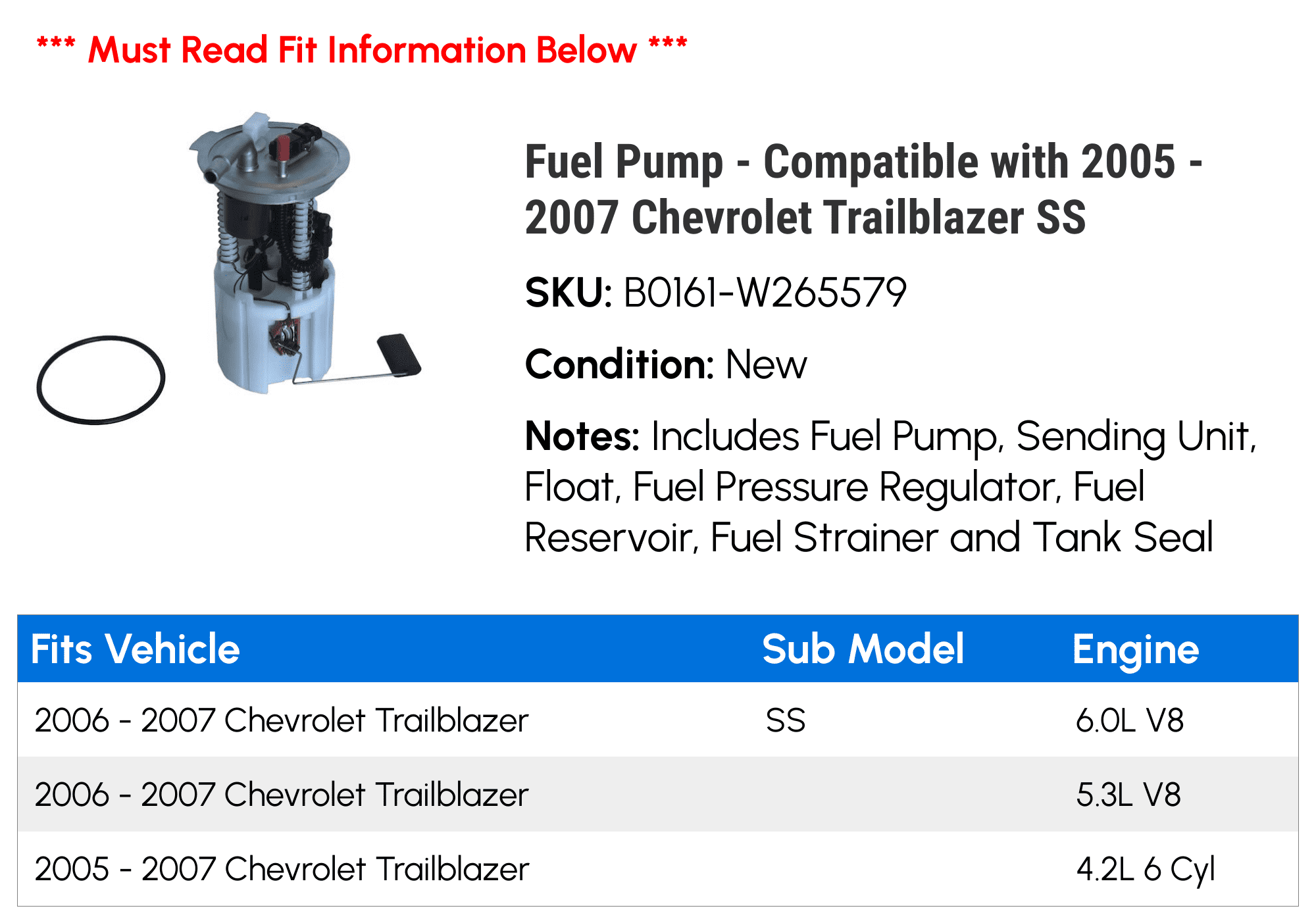Fuel Pump - Compatible with 2005 - 2007 Chevy Trailblazer SS 2006