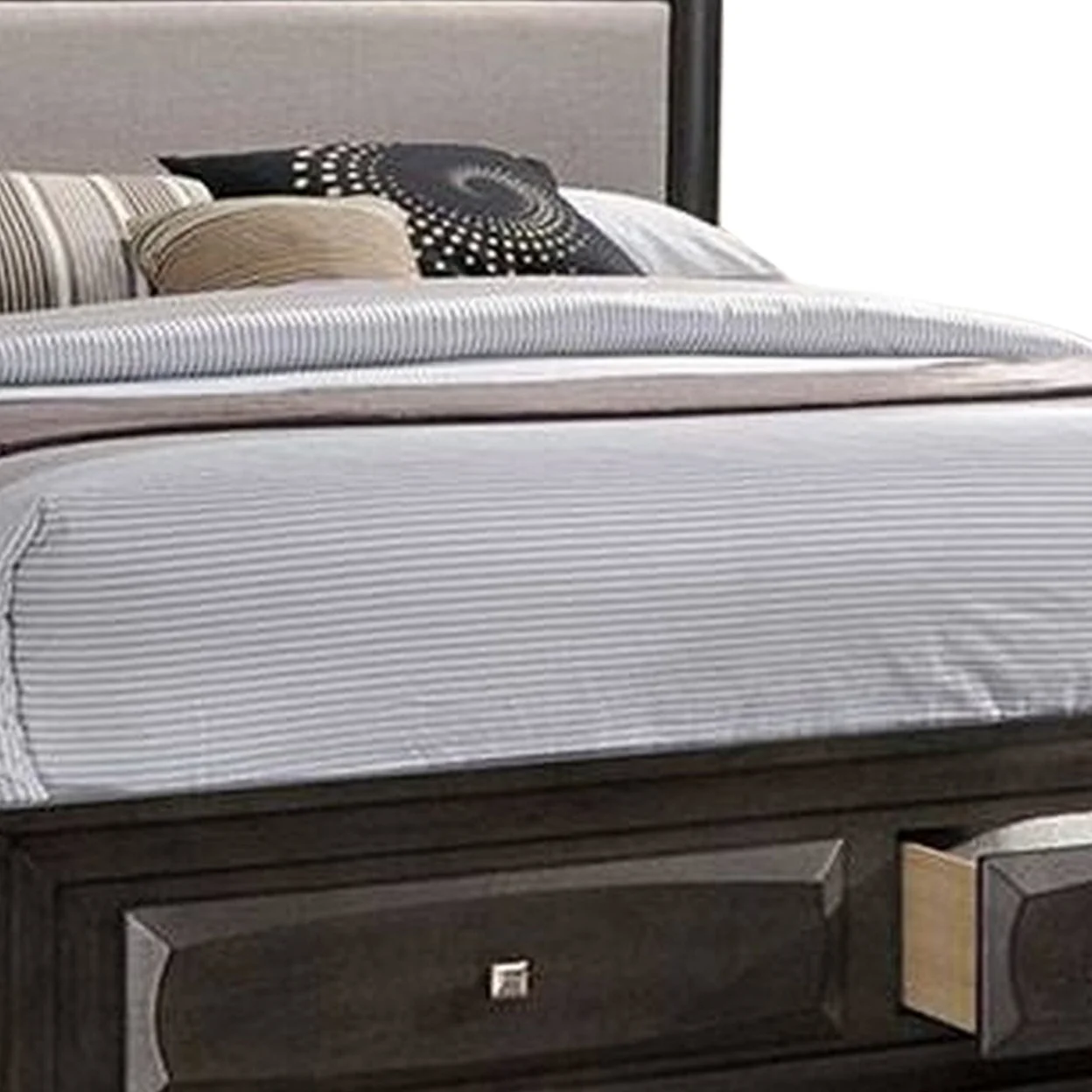 Kevi Queen Size Bed Beige Fabric Upholstered Headboard Storage Oak Gray- Saltoro Sherpi