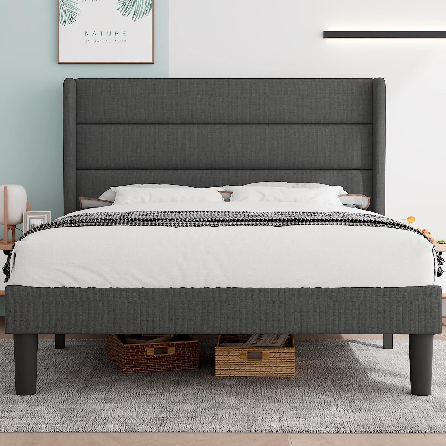 Queen Size Upholstered Platform Bed Frame with Wingback Headboard  Minimalist Mattress Foundation with Wooden Slats Support  Noise Free  No Box Spring Needed  Easy Assembly