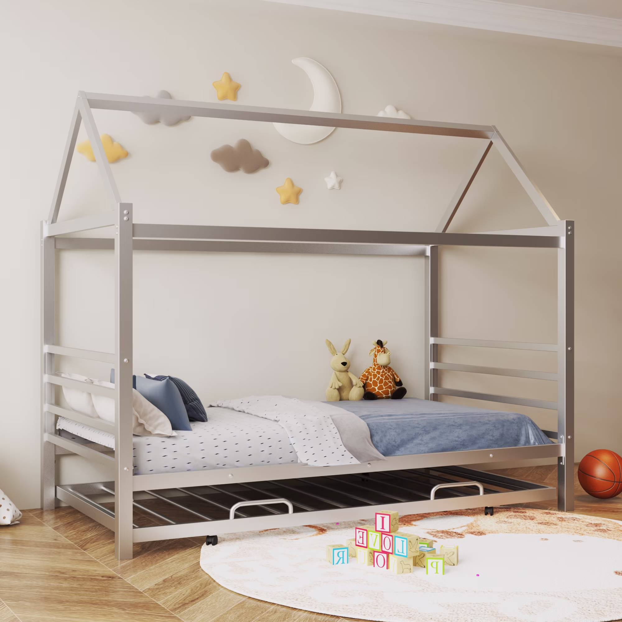 Holdolife Twin Size Metal House Shape Platform Bed with Trundle, Silver