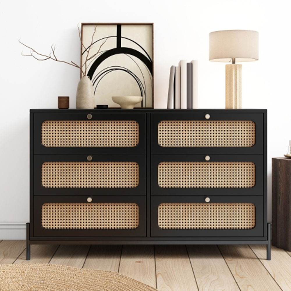 Modern Cannage Rattan Wood Closet 6-Drawer Dresser Wood Storage Cabinet Sideboard - Black