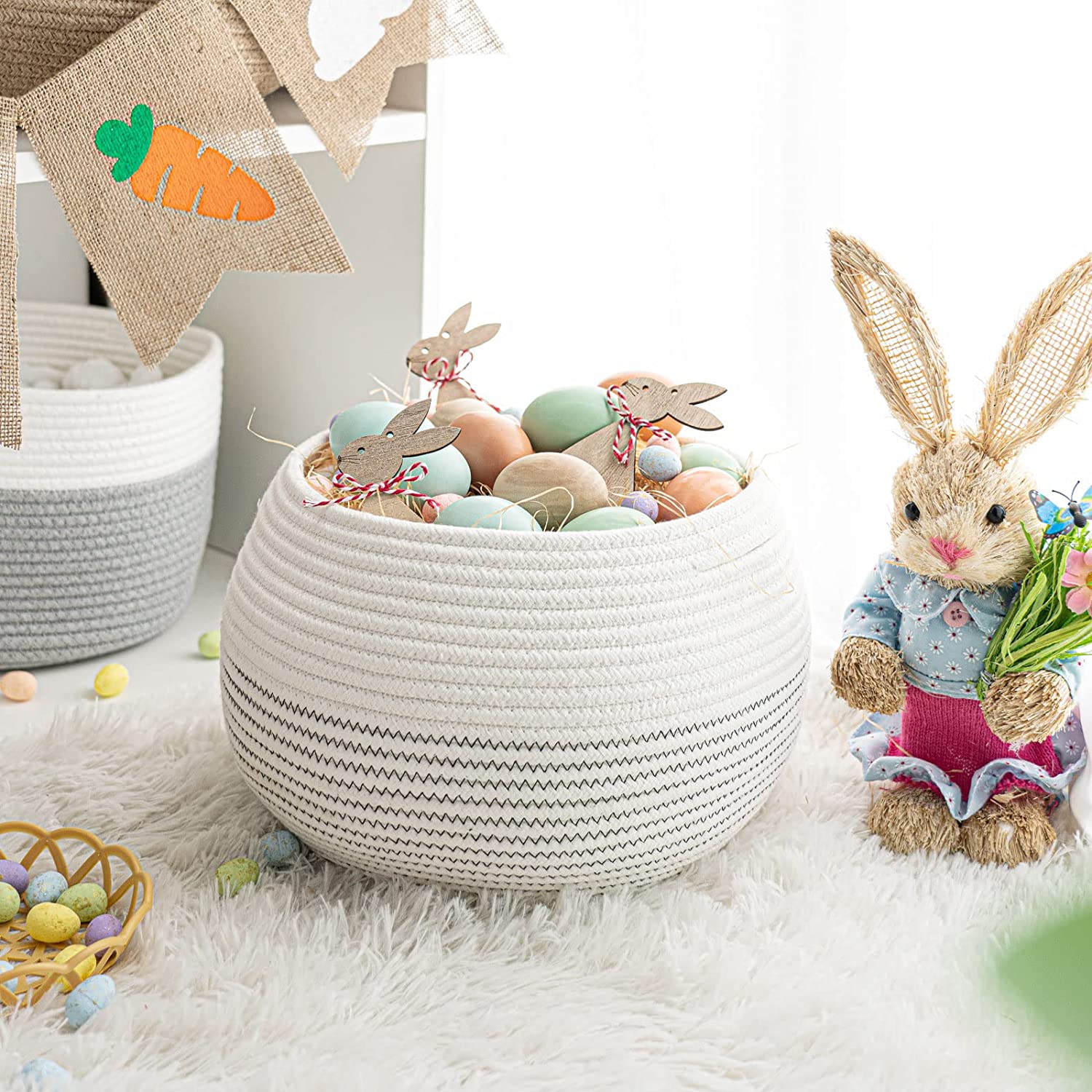 Goodpick Cute Round Basket Cotton Rope Basket in Living Room Woven Towel Basket Bathroom Cat Toy Storage Basket for Children Corner Plant Basket Shelf Indoor, White, 10