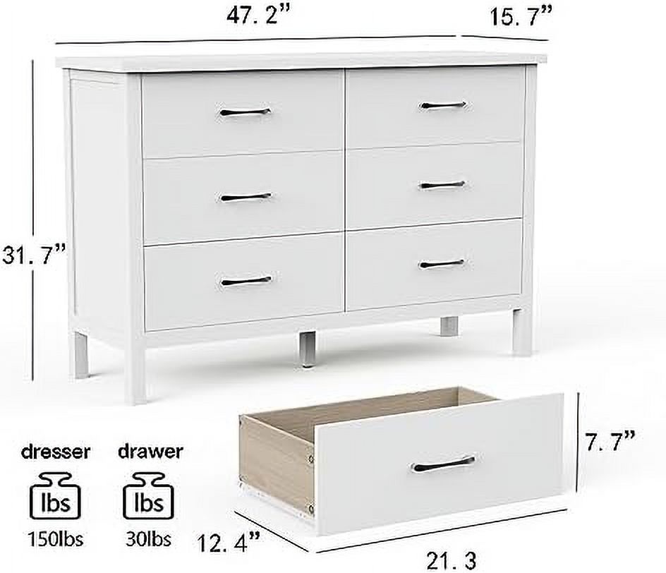 xrboomlife White Dresser for Bedroom  6 Drawer Dresser with Black Handles and Large Space  Modern Dresser for Hallway\u2026
