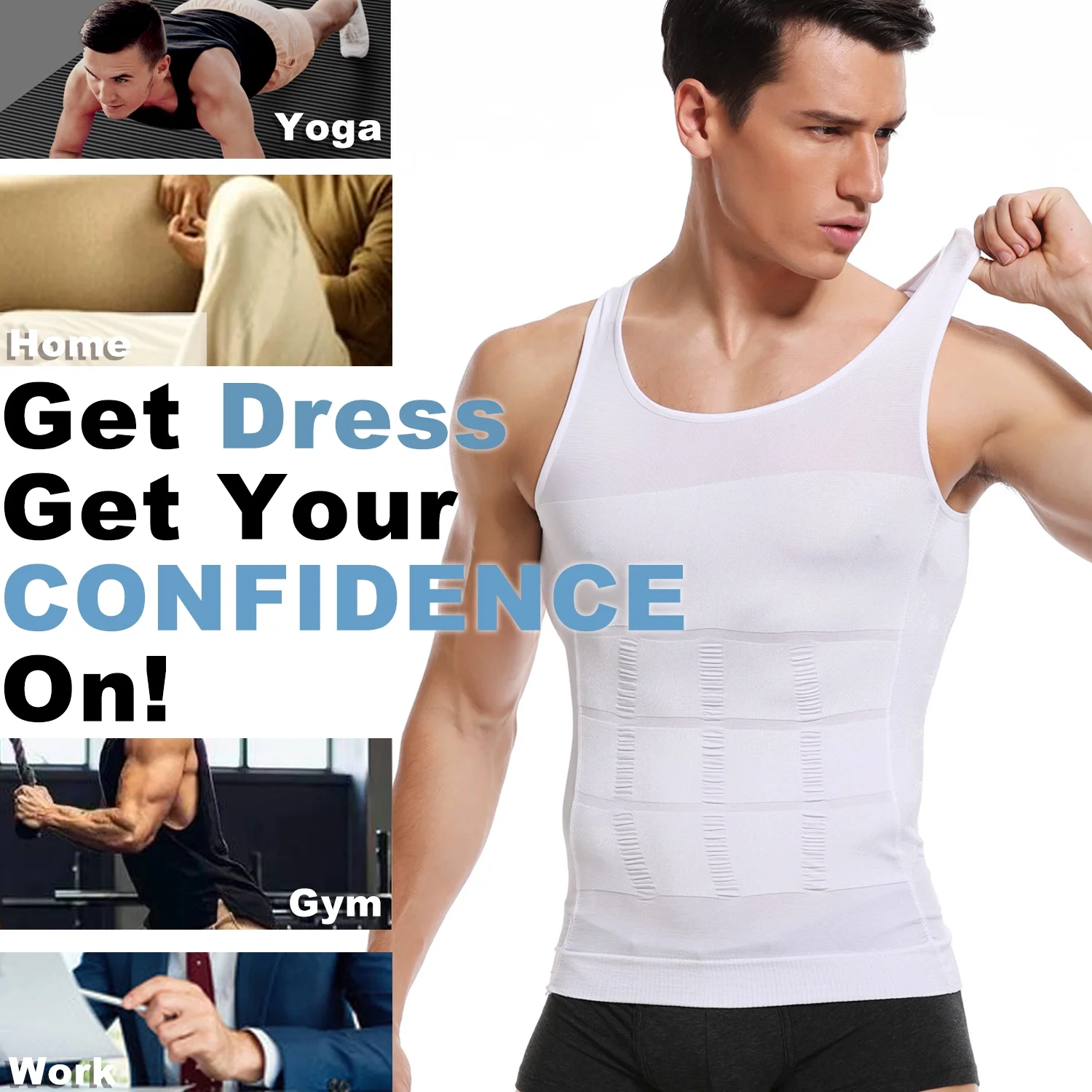 QRIC 2 Pack Mens Compression Shirts Shapewear Slimming Body Shaper Tank Top Vest Belly Control Undershirt White 2XL
