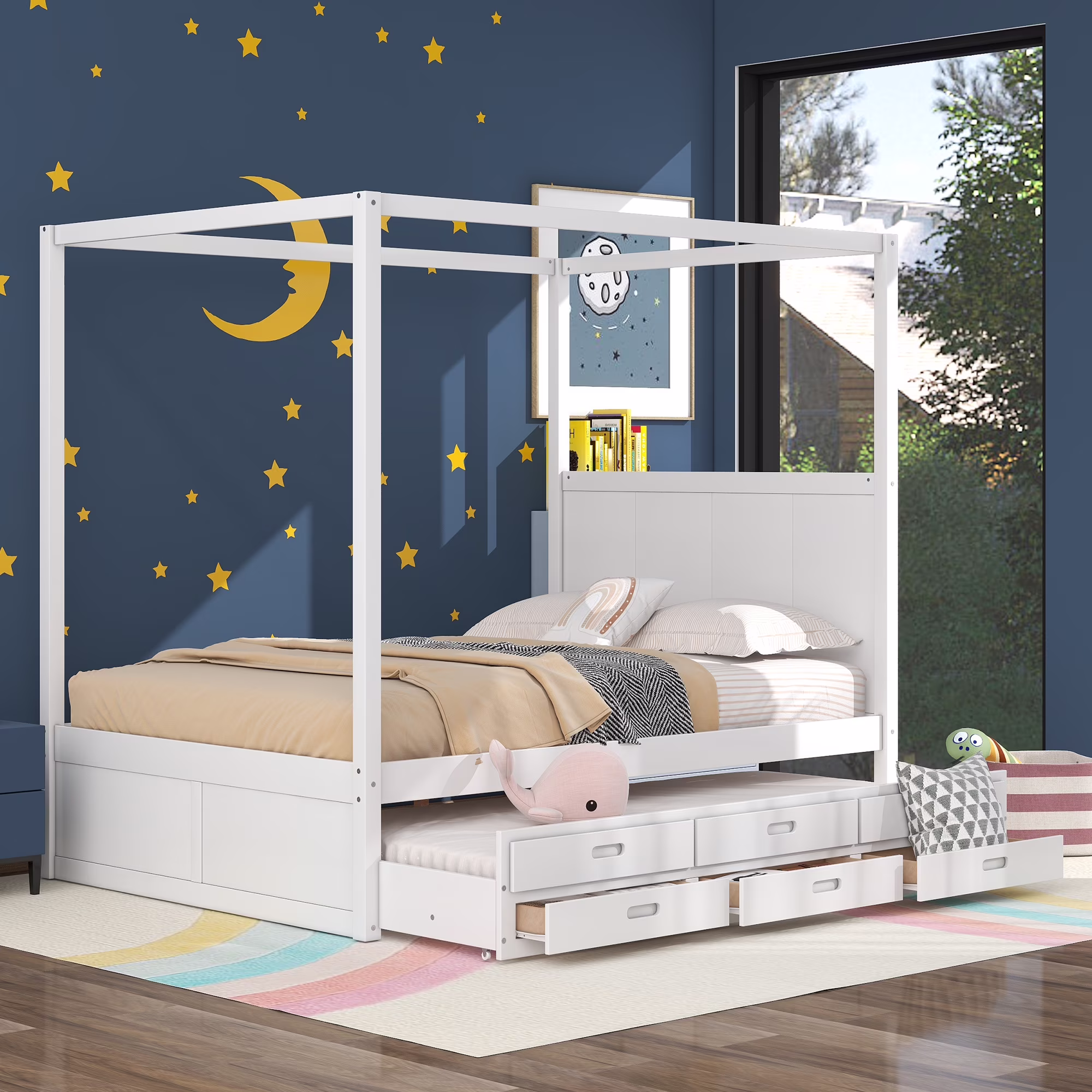 Leadzm Queen Size Canopy Platform Bed with Twin Size Trundle and Three Storage Drawers,White