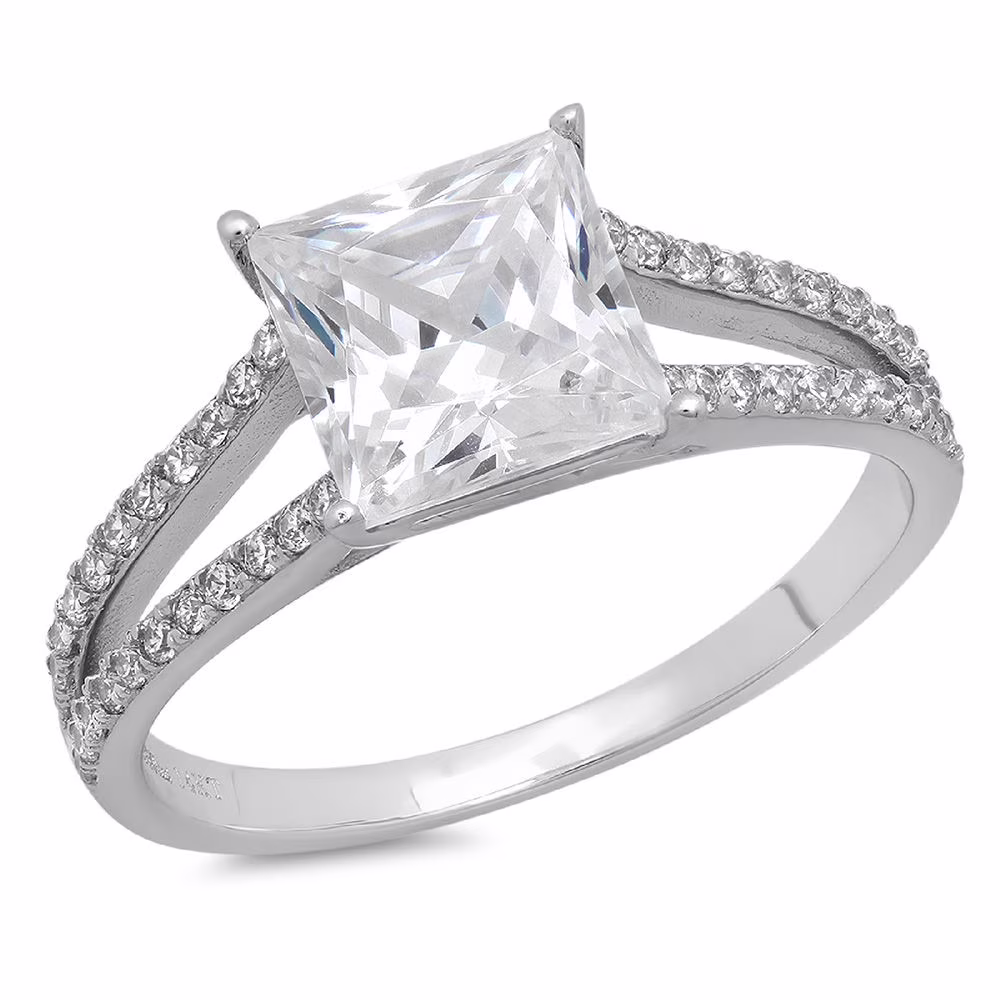 2.44 ct Brilliant Princess Cut Clear Simulated Diamond 18K White Gold Solitaire with Accents Ring SZ 6.75