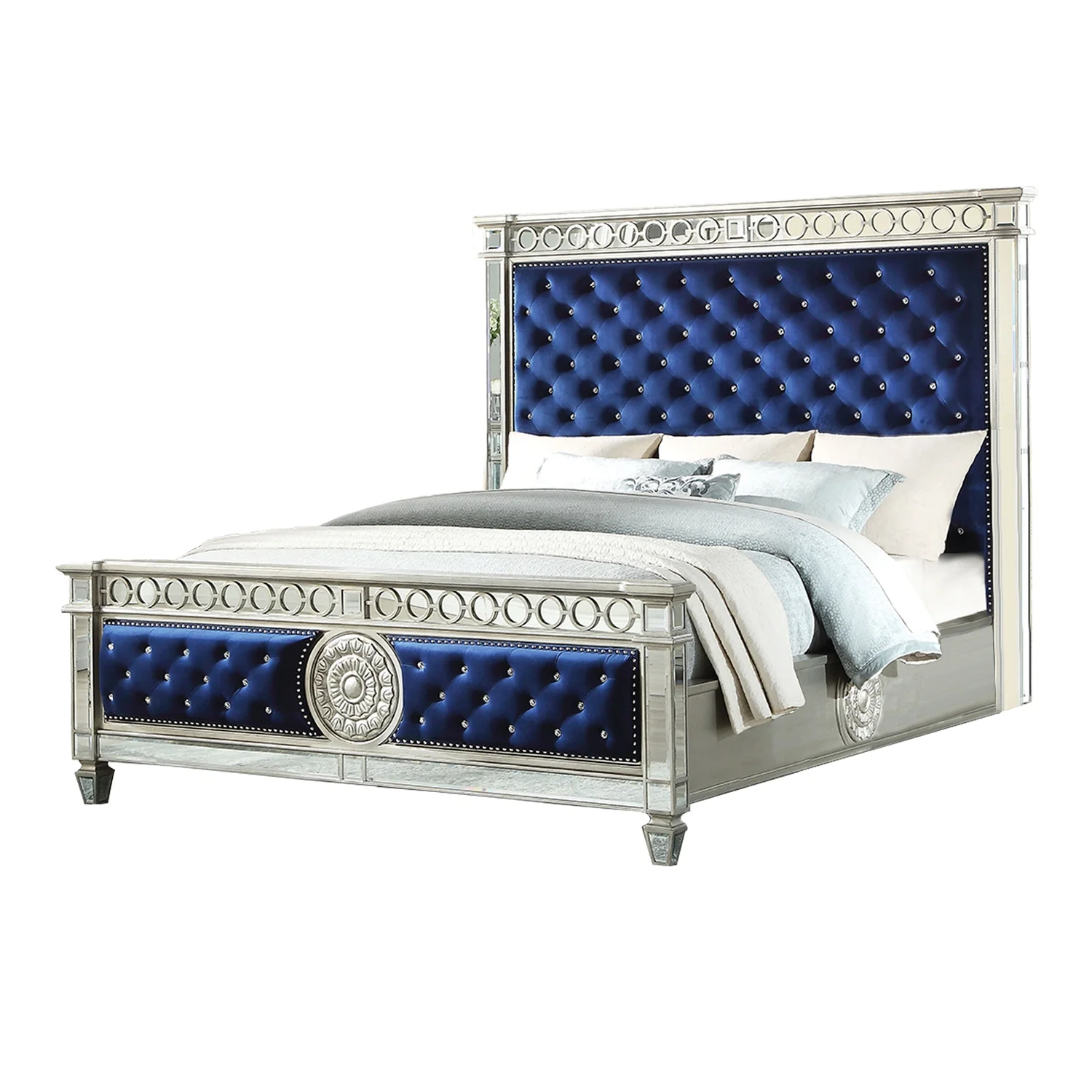 Wooden Queen Size Bed with Button Tufted Headboard and Mirror Finish Accents, Blue and Silver