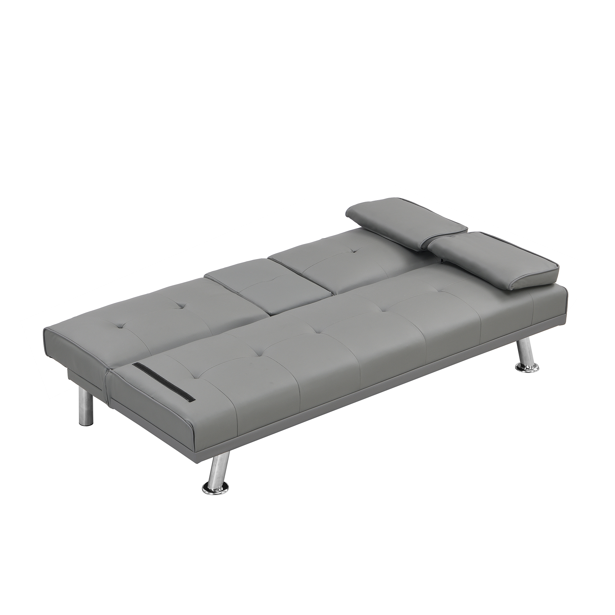 sofa bed with Armrest two holders WOOD FRAME, STAINLESS LEG, FUTON GREY PVC