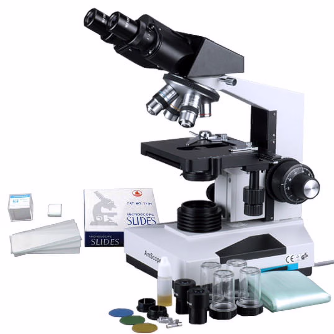AmScope 40x-2000x Advanced Binocular Microscope + 50 Slides + 100 Coverslips New