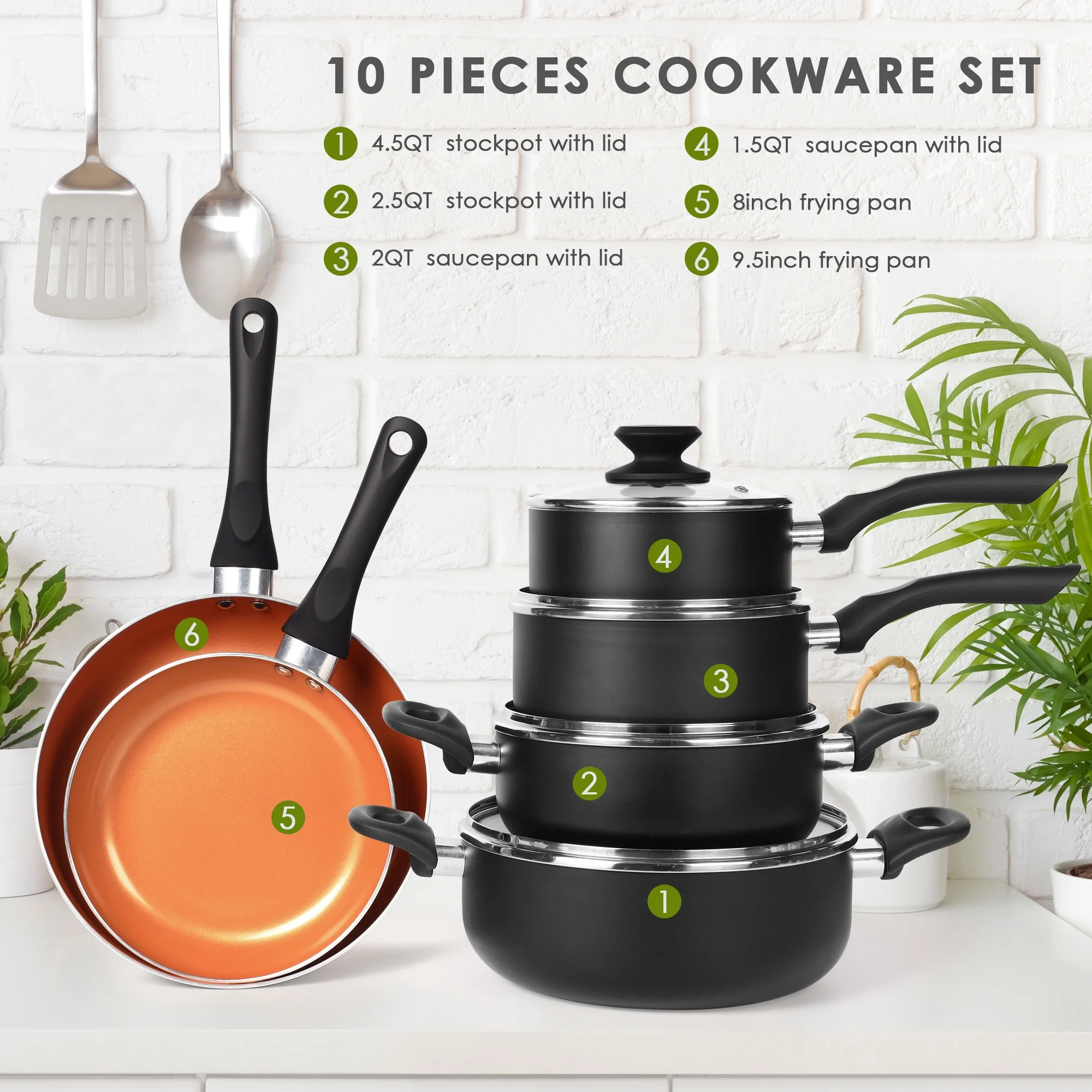 Scafild | 10-Piece Ceramic Nonstick Aluminum Cookware Set - Black & Copper