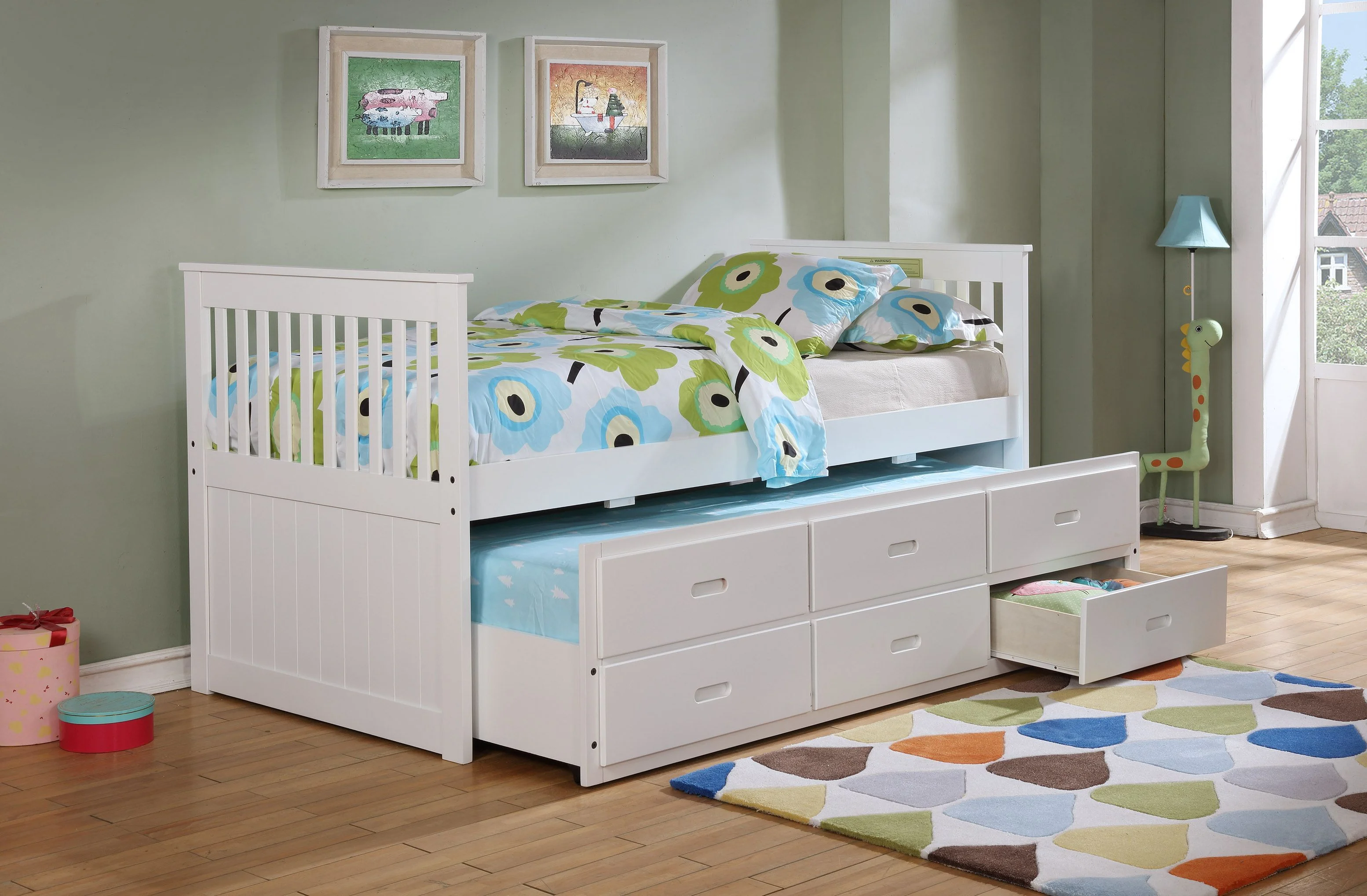 Phillips Twin Size Captain Bed with Trundle Bed & 3 Drawers, White
