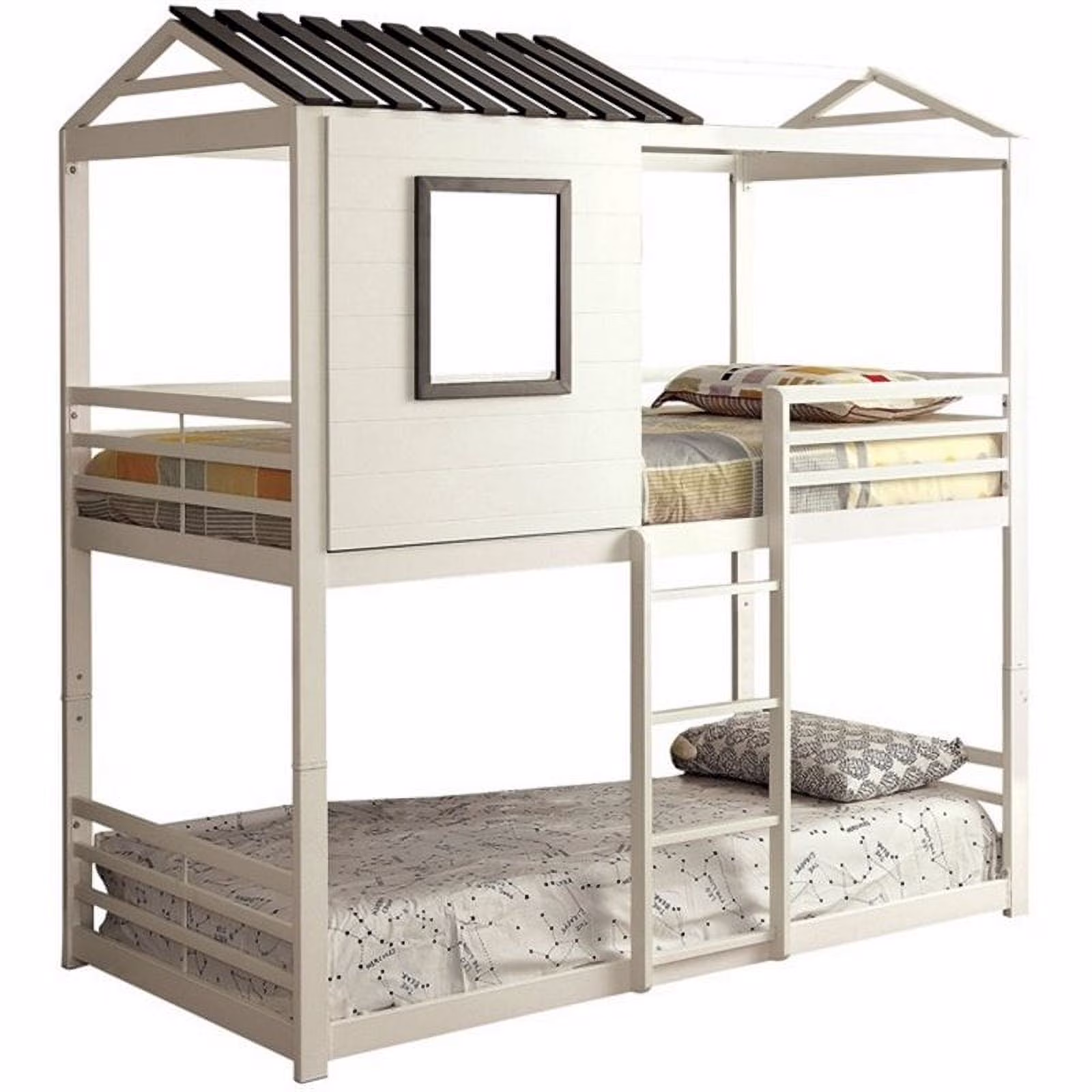 Bowery Hill Twin Over Twin Wooden House Bunk Bed in White