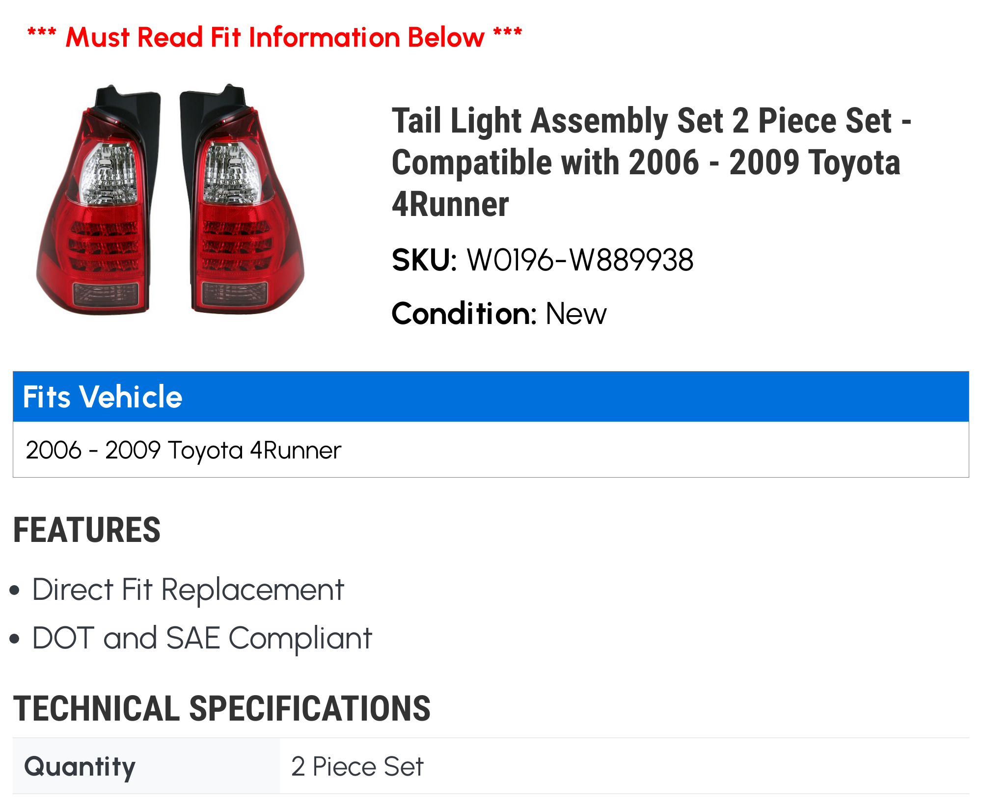 Tail Light Assembly Set 2 Piece Set - Compatible with 2006 - 2009 Toyota 4Runner 2007 2008