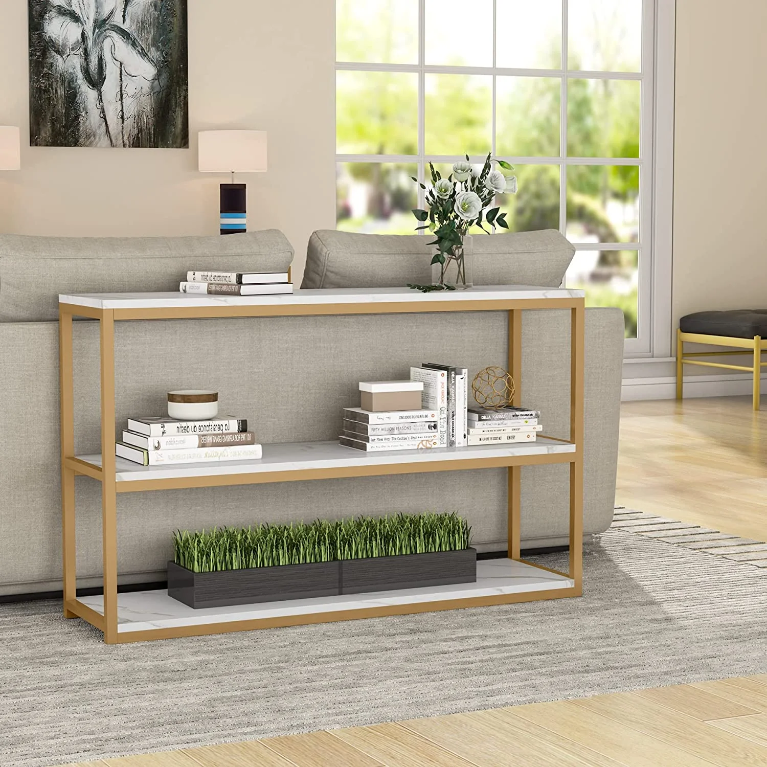 Tribesigns 3 Tier Console Table, Entryway  Hallway Table with Faux Marble Top and Metal Frame, Grey White & Gold