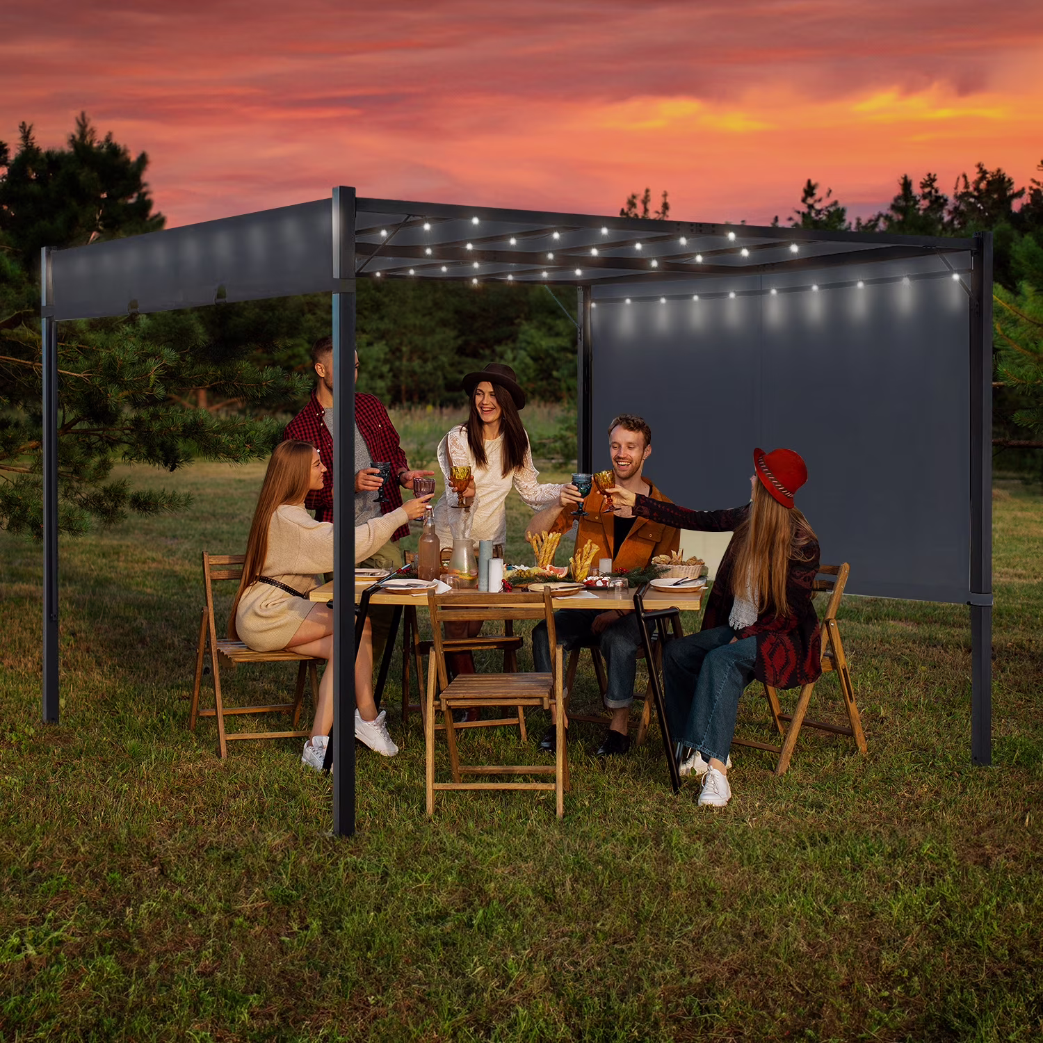 Grezone 10 x10 Ft Pergola with Solar Powered String Lights, Heavy-Duty Metal Outdoor Pergola with Stretchable Sun Shade Canopy, Extra Large Patio Shelter Pavilion (Grey)