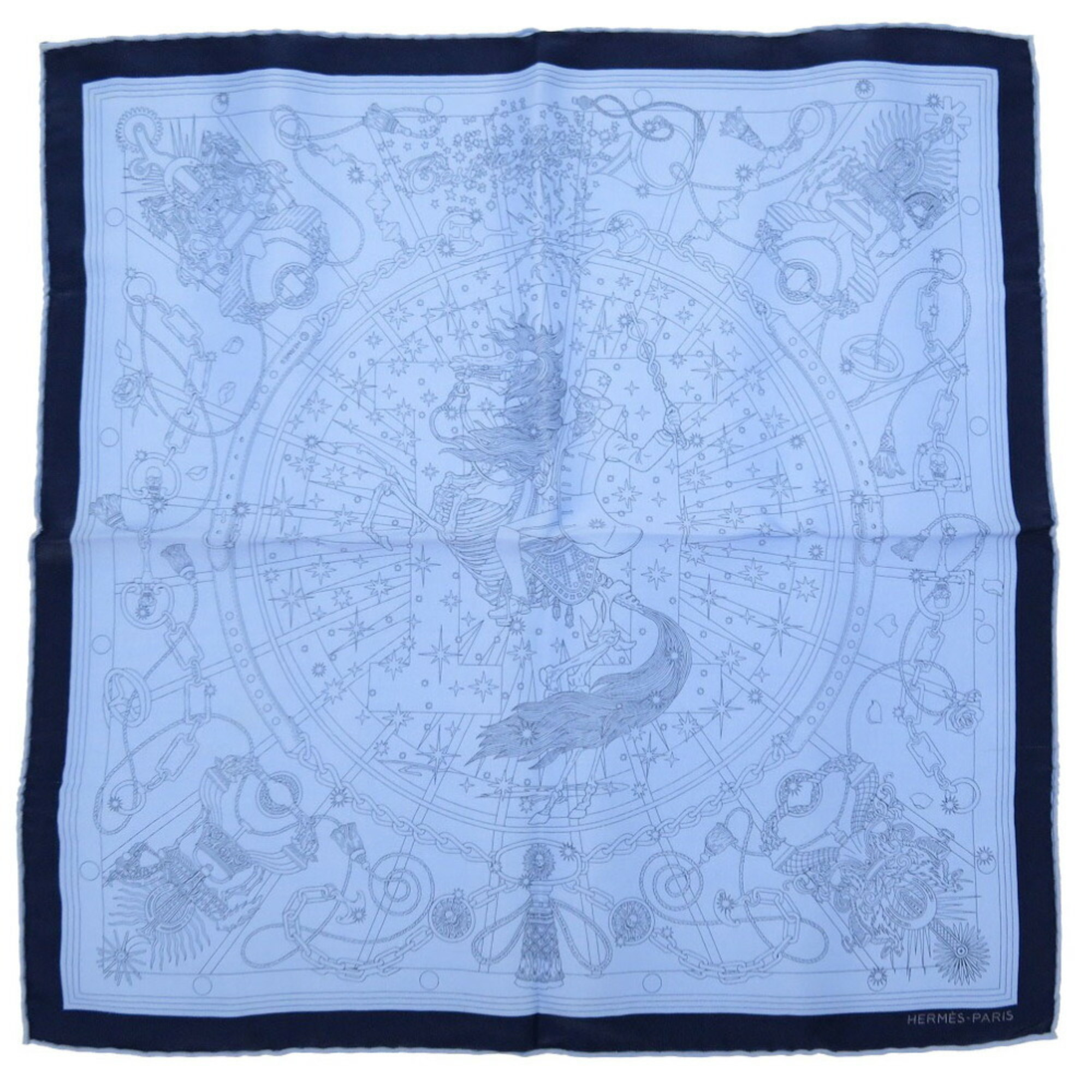 Pre-Owned Hermes HERMES Carre Muffler 45 Petit C'est La Fete Cerafit Silk Marine Scarf (Like New)