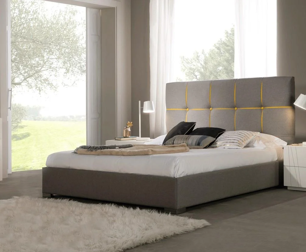 Modern Premium Grey & Yellow Fabric King Size Bed Made in Spain ESF Veronica