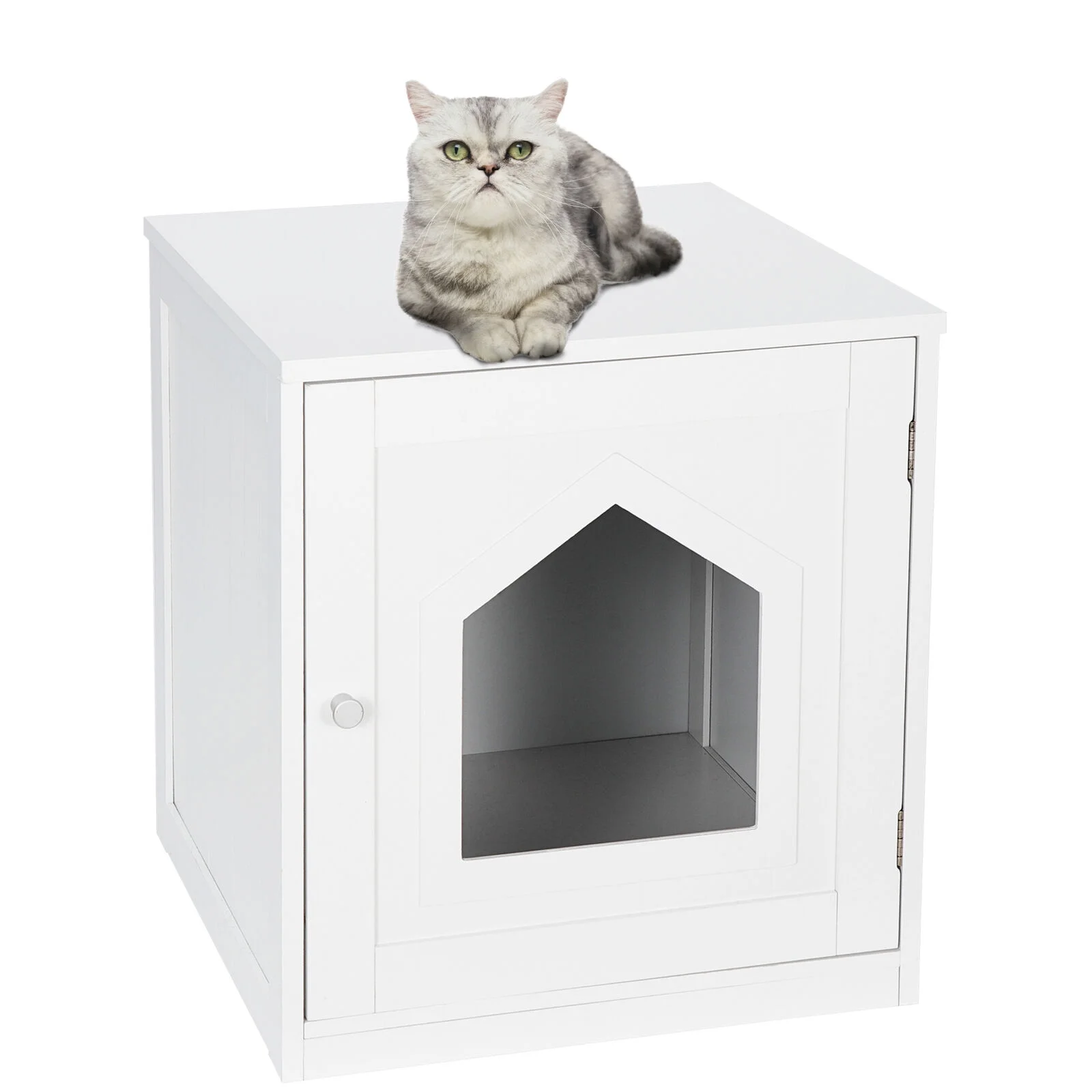 White Hidden Litter Box Cat Enclosure Nightstand End Table Kitty Pet House