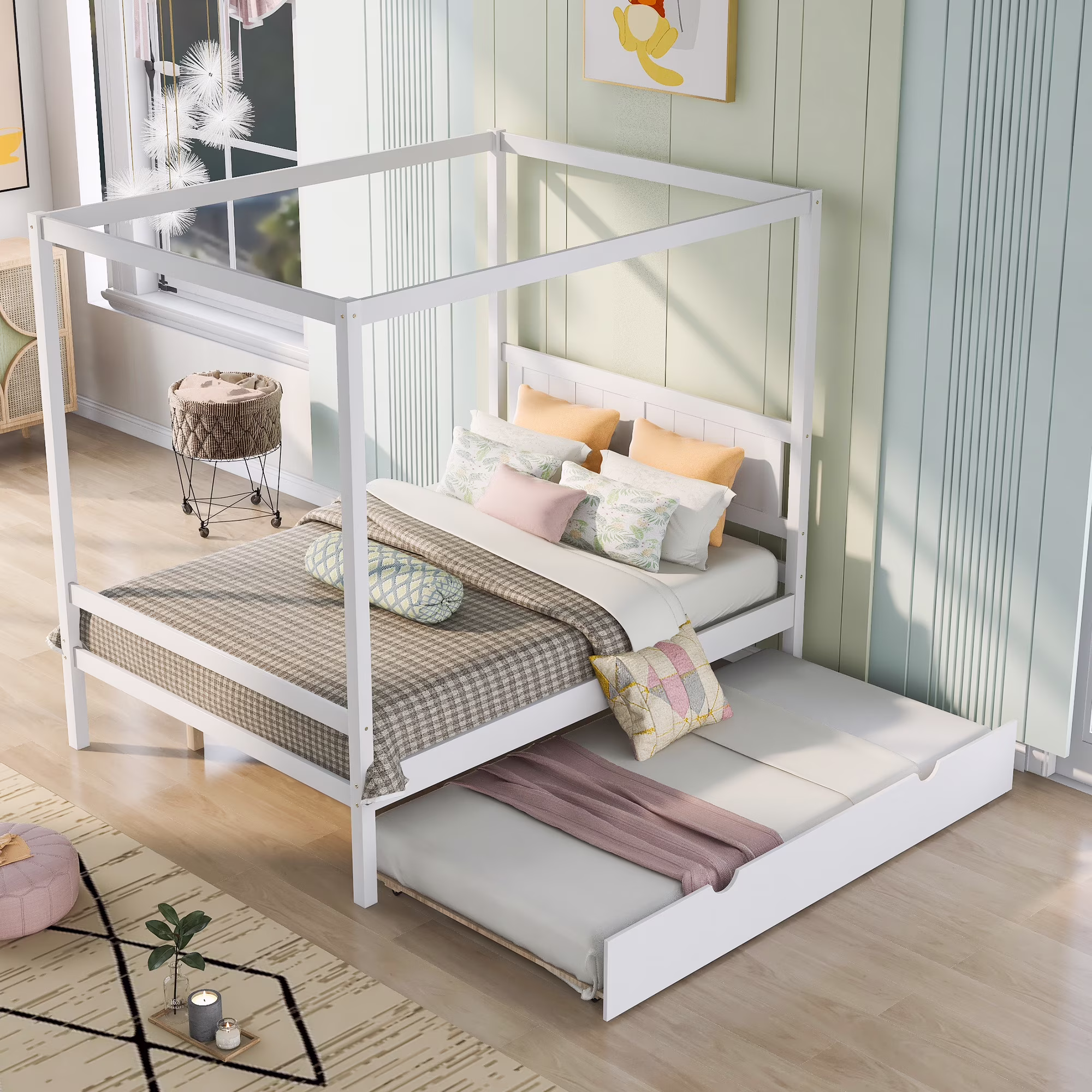 Leadzm Full Size Canopy Platform Bed with Trundle,With Slat Support Leg,White