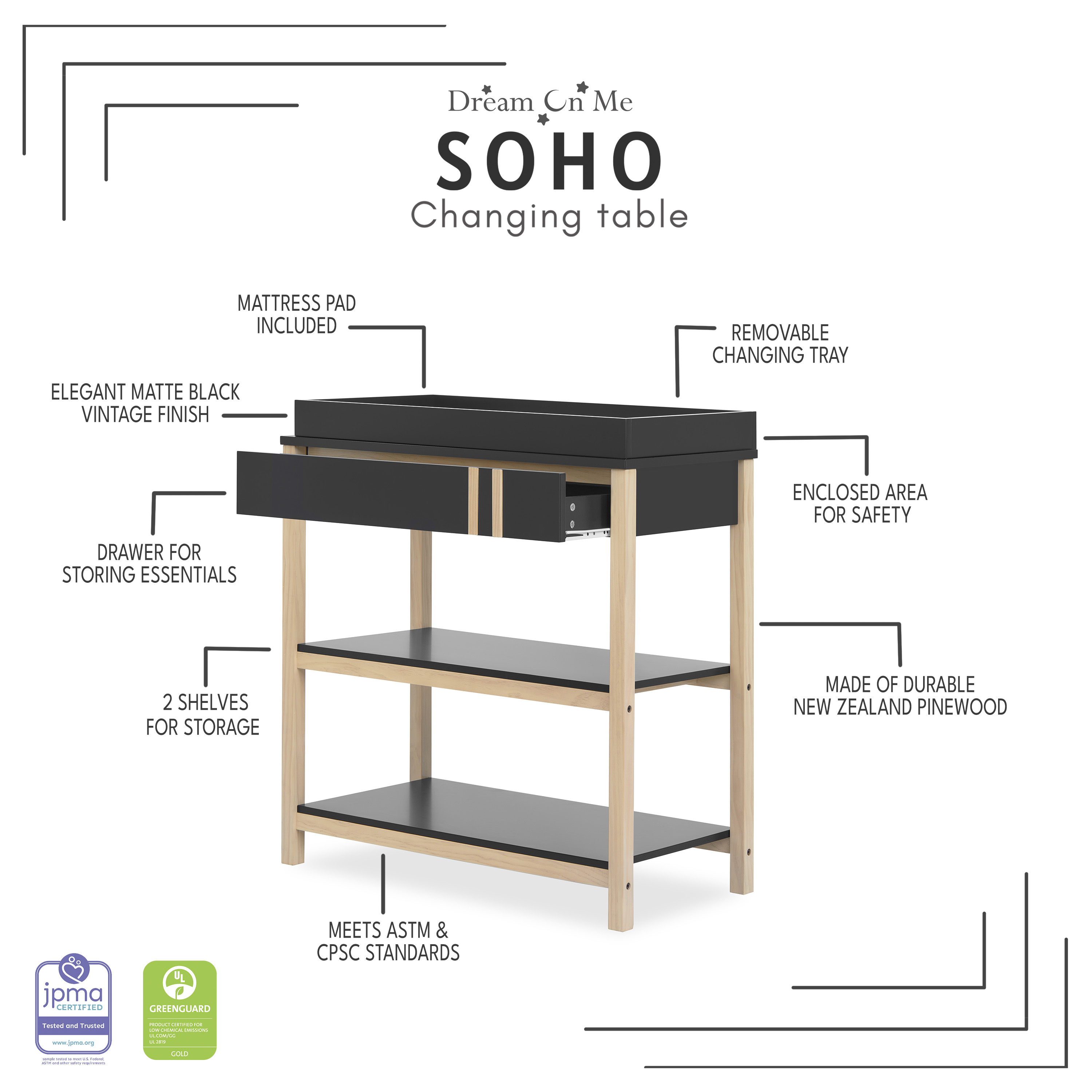 Dream On Me Soho Changing Table In Matte Black Vintage