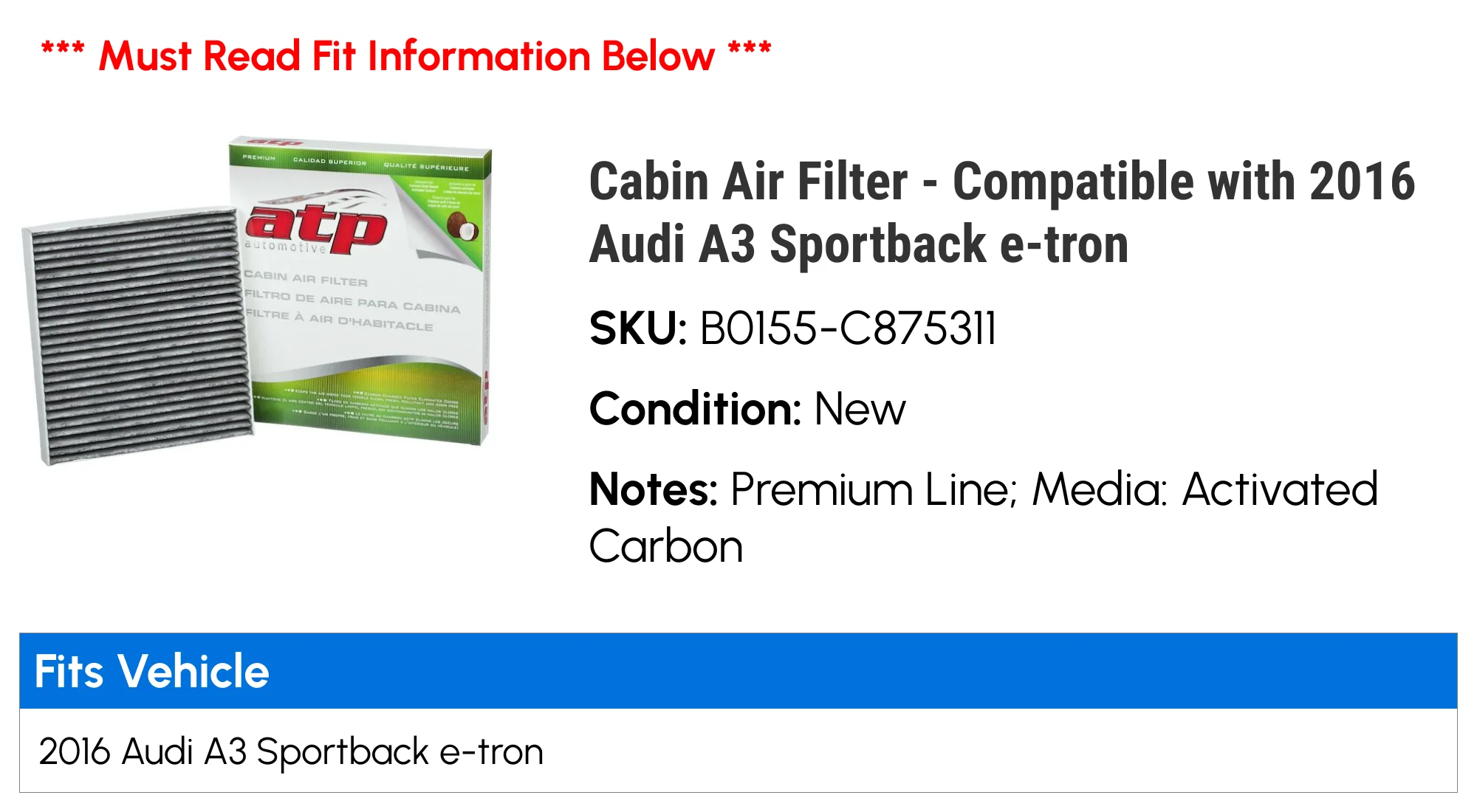 Cabin Air Filter - Compatible with 2016 Audi A3 Sportback e-tron