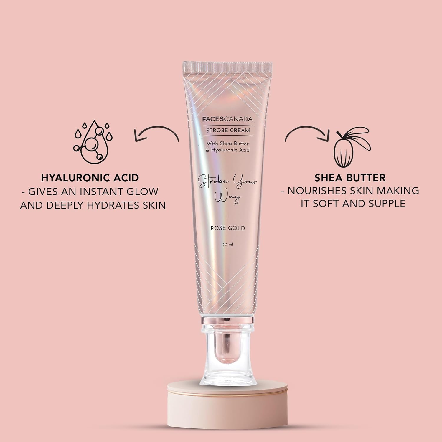 FACES CANADA Strobe Cream - Rose Gold, 30g | With Shea Butter & Hyaluronic Acid | Instant Illumination | Intense Hydration | Flawless Radiant Dewy Skin | Glowing Makeup Base