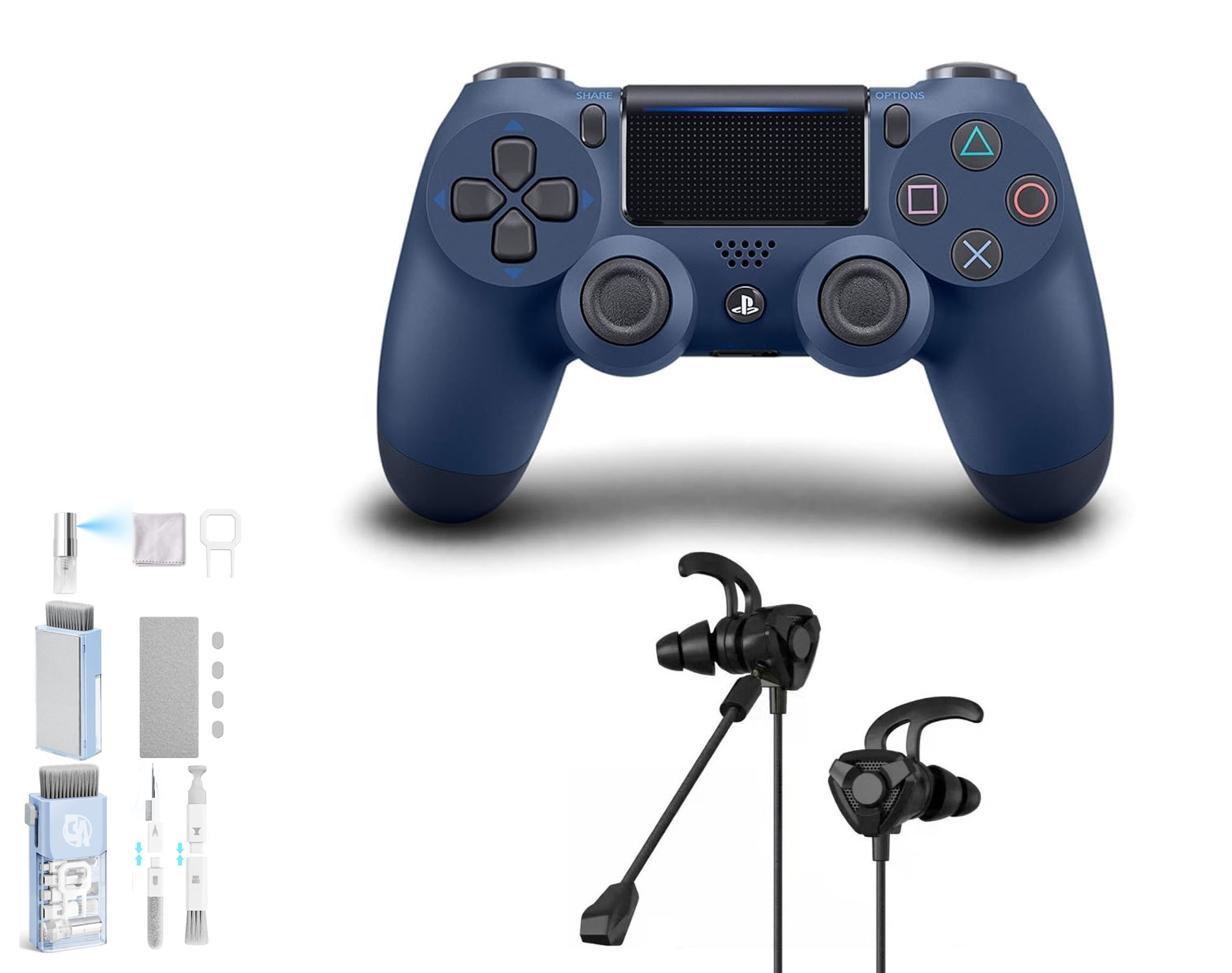 Sony Dual Midnight Blue Gaming Controller PS4 Console With Black Gaming Buds + Cleaning Kit BOLT AXTION Bundle Like New