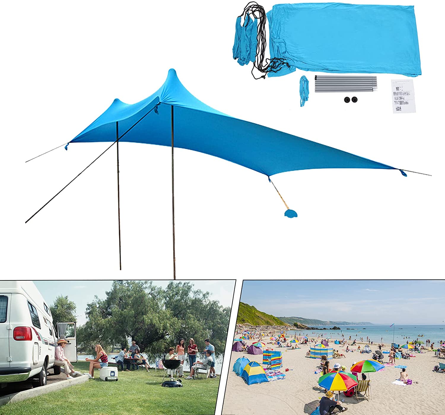 Miumaeov 10FT Beach Shade Tent Sunshade Family Tent Shelter Canopy Awning UV Blue