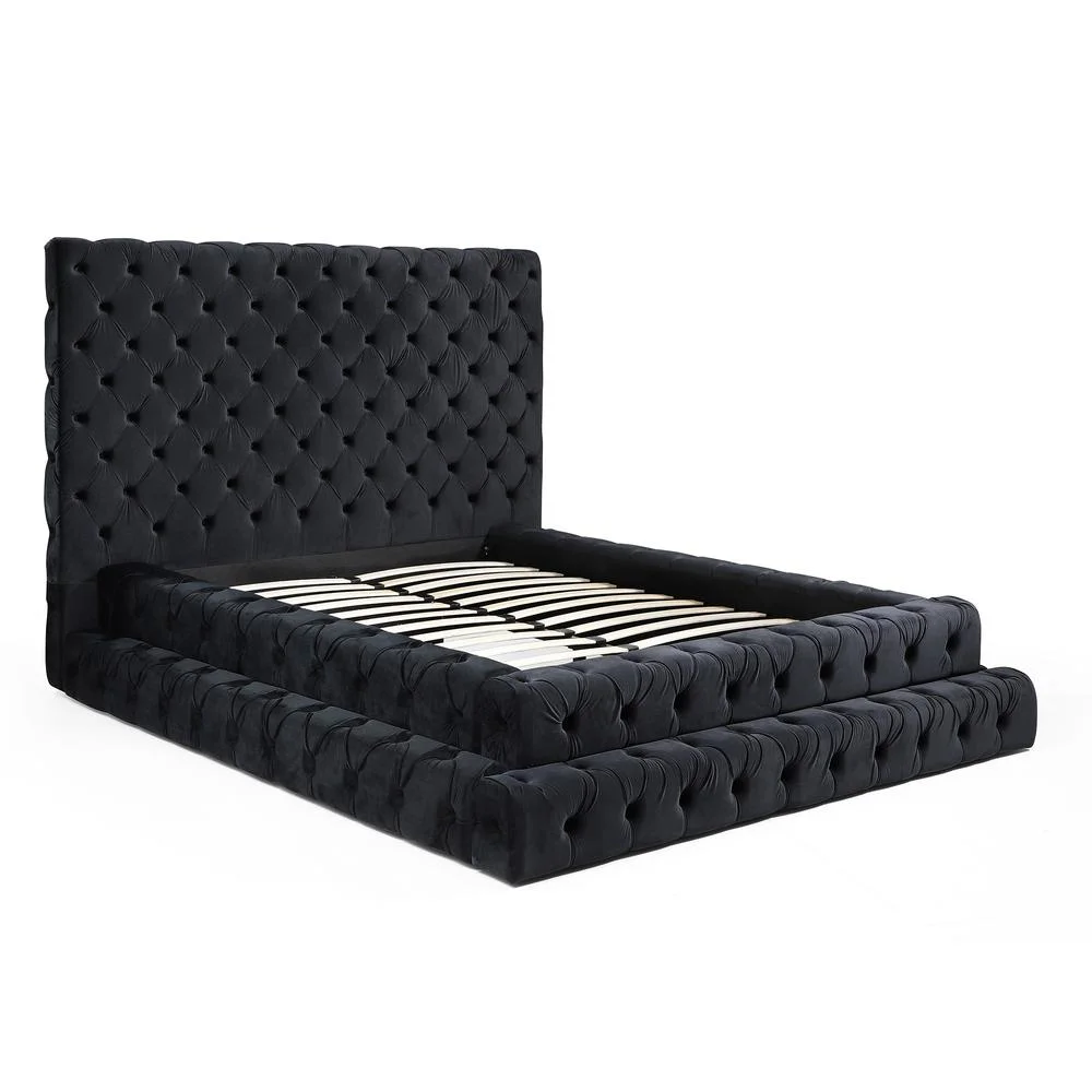 Better Home Products Velvet Queen Bed with Deep Button Tufting in Black