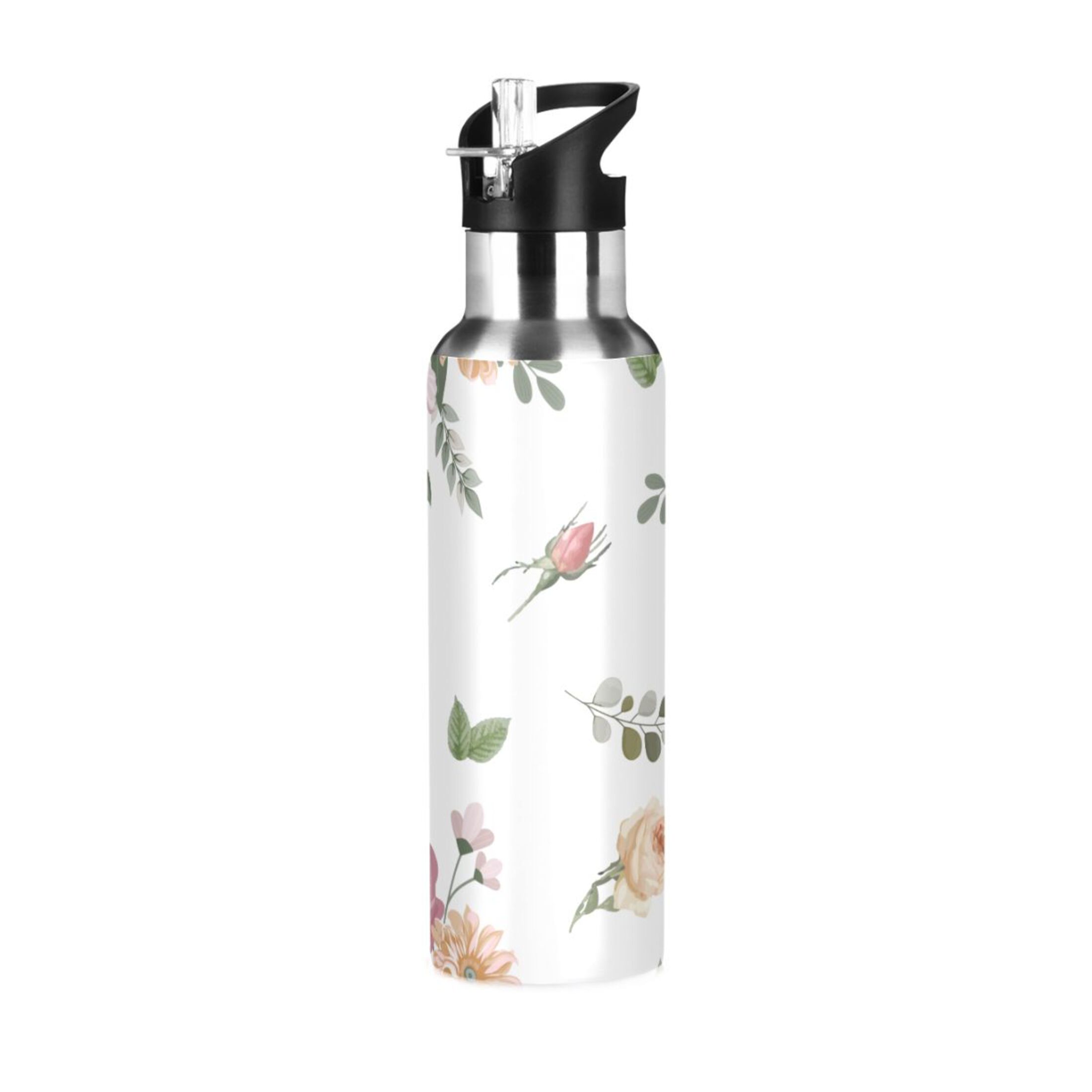 Water Bottle with Straw Lid Leak Beautiful Watercolour Flower Stainless Steel Insulated Thermos Vacuum Flask for Cold Hot Drinking for Sports Camping Gym Yoga