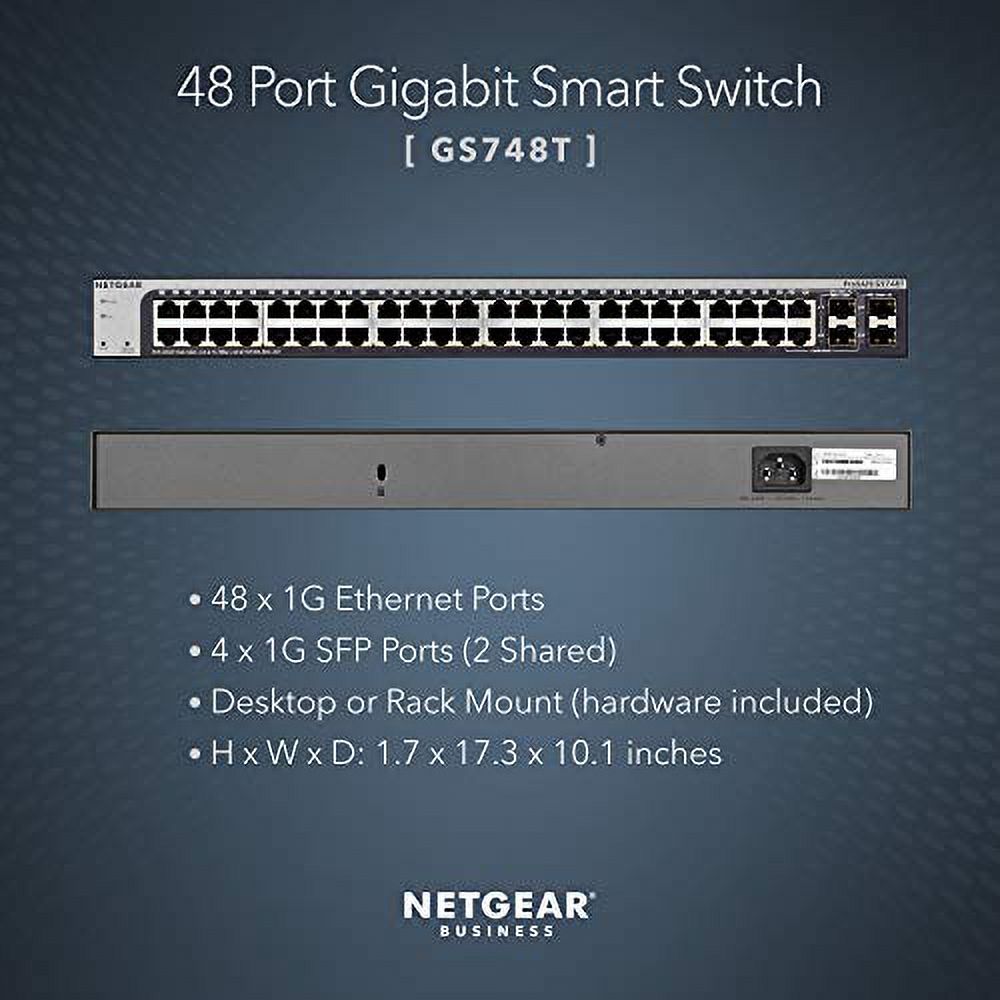 NETGEAR 48-Port Gigabit Ethernet Smart Switch (GS748T) - Managed, with 2 x 1G SFP and 2 x 1G Combo, Desktop or Rackmount, and Limited Lifetime Protection