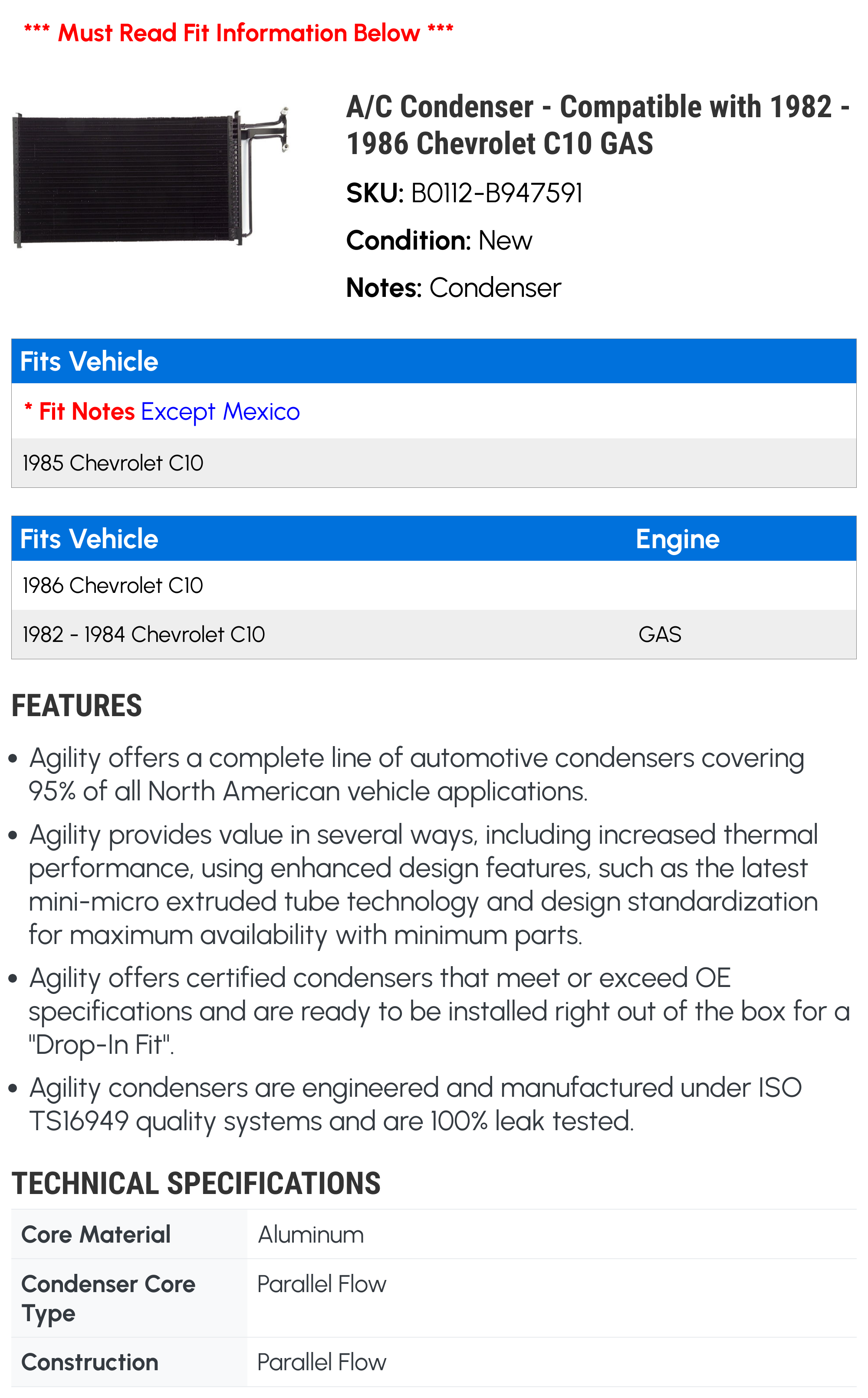 A/C Condenser - Compatible with 1982 - 1986 Chevy C10 GAS 1983 1984 1985