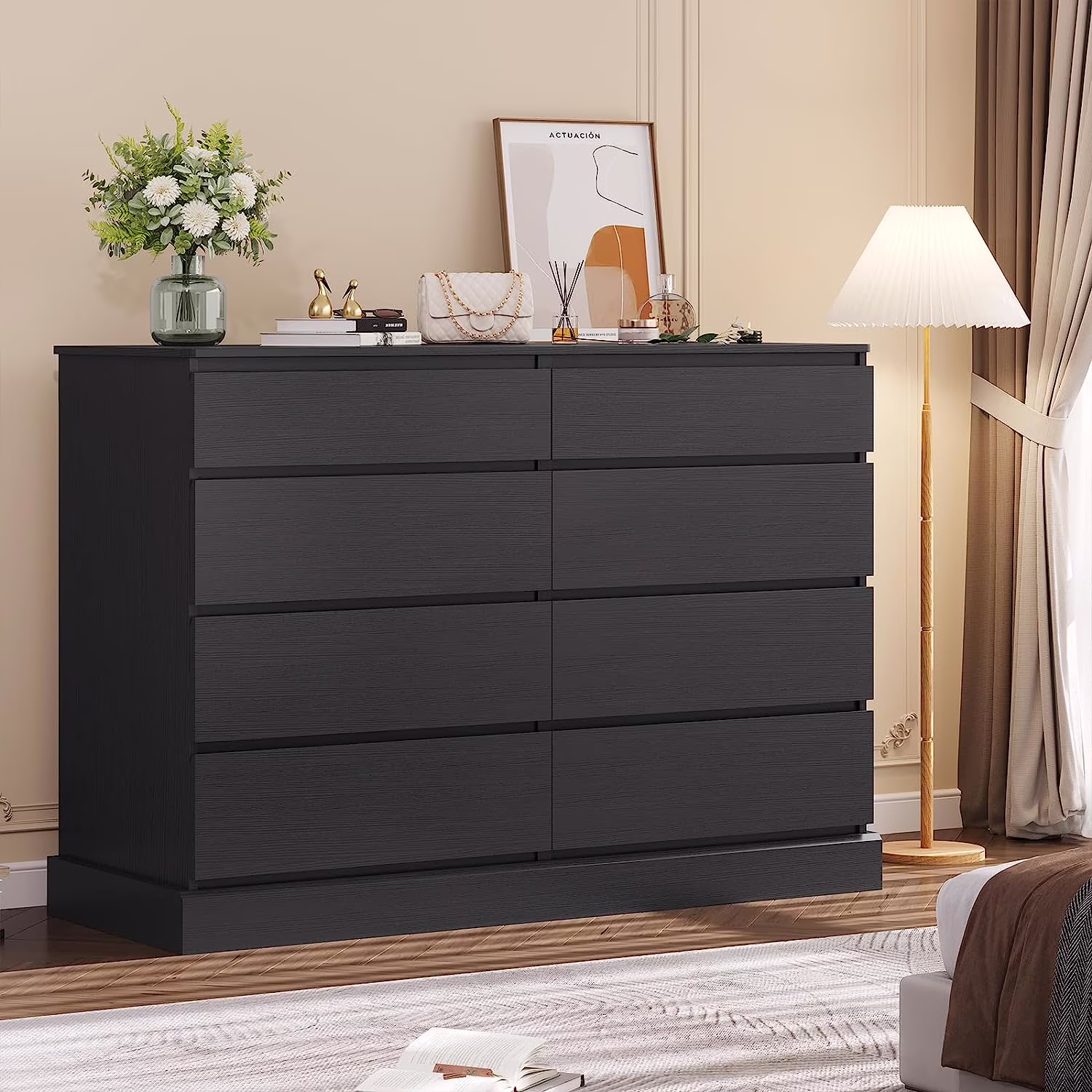 Black Double Dresser with 8 Drawers for Bedroom, Wide Chest of Drawers Storage Cabinet for Living Room