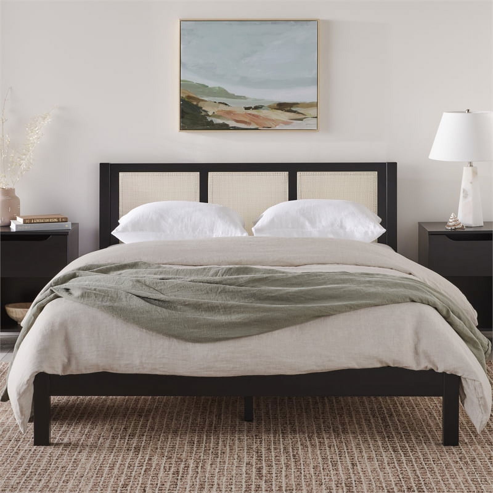 Pemberly Row Solid Wood Rattan Headboard Queen Bedframe - Black