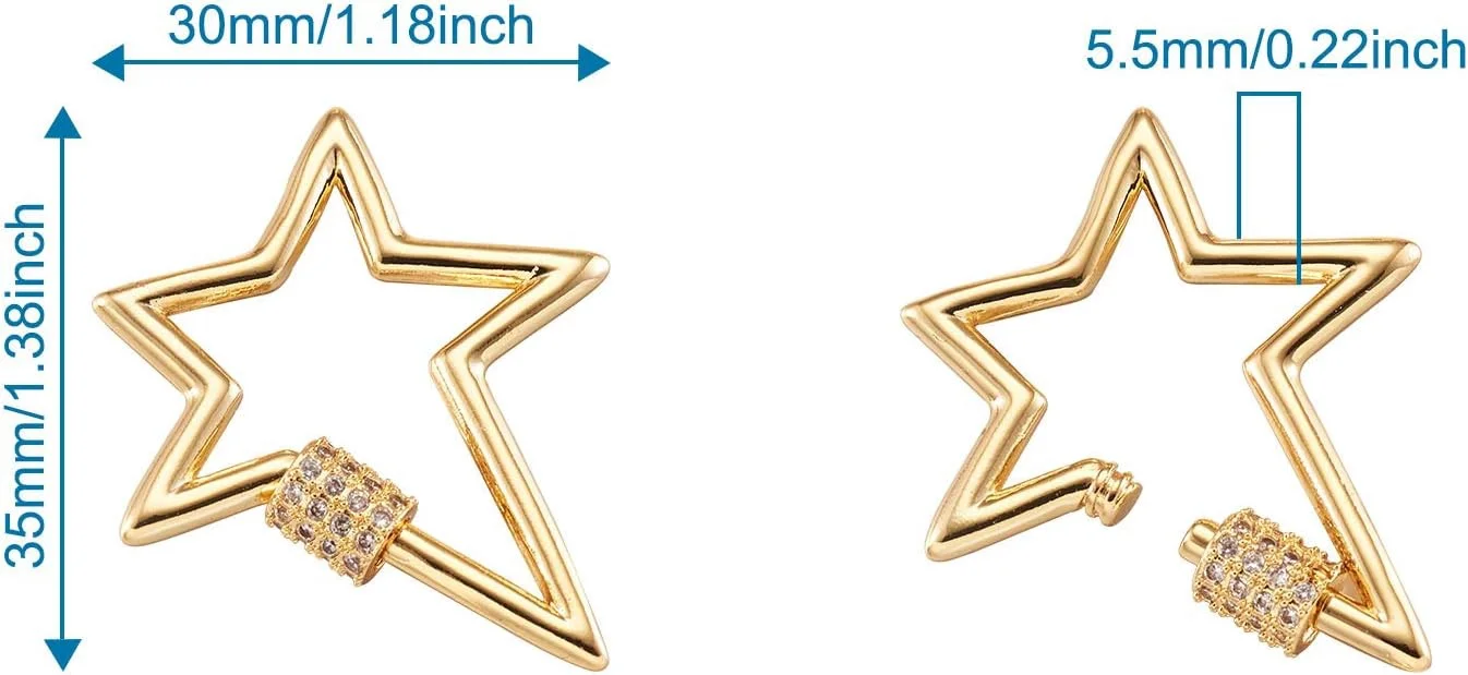 5pcs Golden Star Locking Carabiner Keychain Clip Screw Brass Micro Pave Clear Cubic Zirconia Carabiner Spring Snap Clip Quick Link Hook Women Girl Jewelry Making Supplies