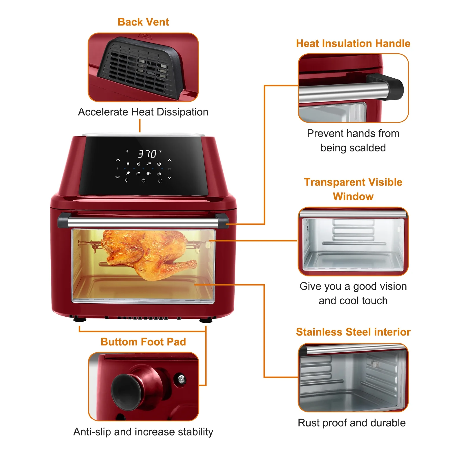 ZOKOP 16.91Quart Air Fryer Oven with Digital Touch Screen, ETL Certified(Red)