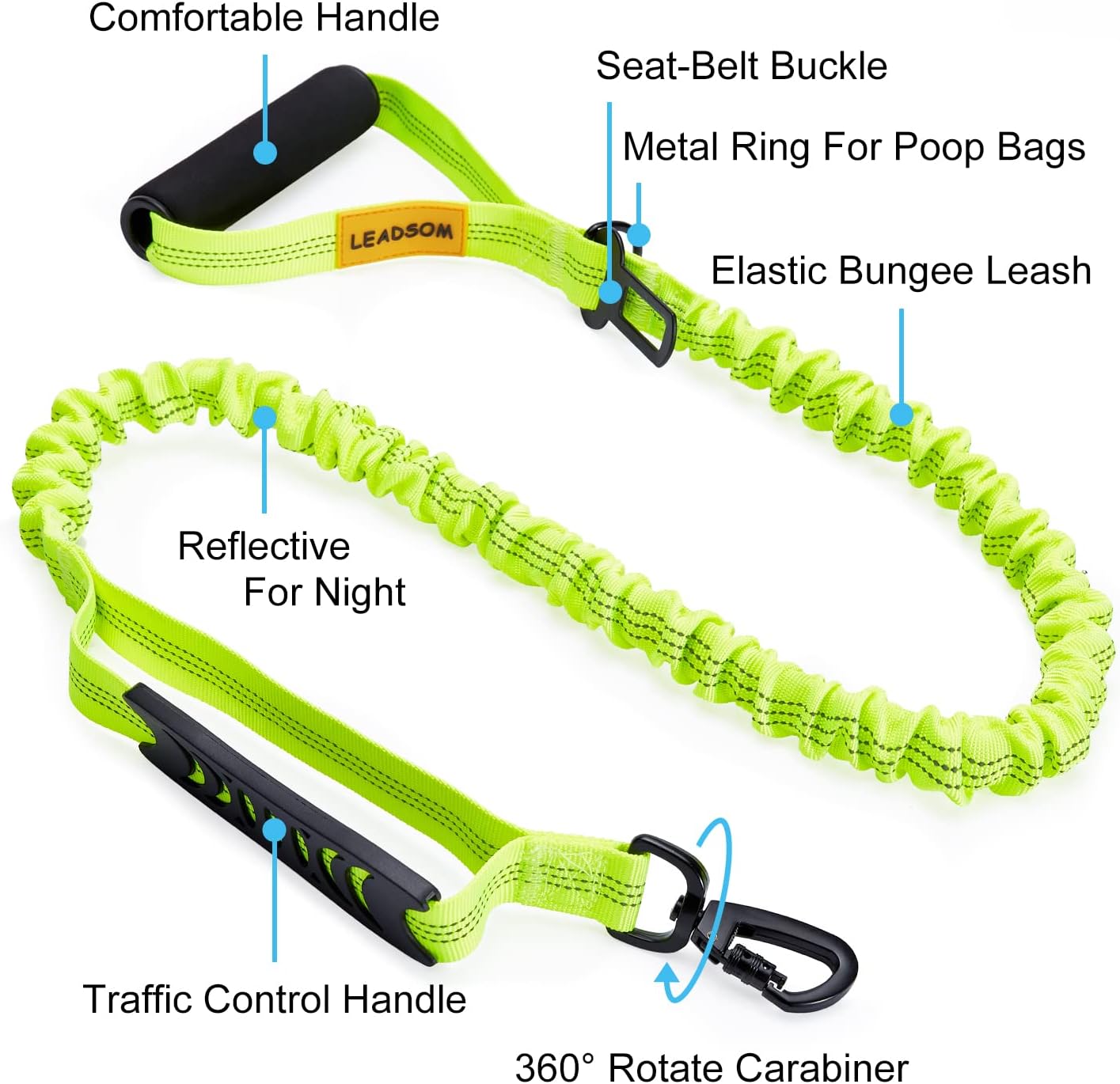 LEADSOM 6FT Highly Reflective Heavy Duty Elastic Bungee Medium and Large Dog Leash Shock Absorbing with Comfortable Padded Handle and Traffic Handle Suitable for Training Green
