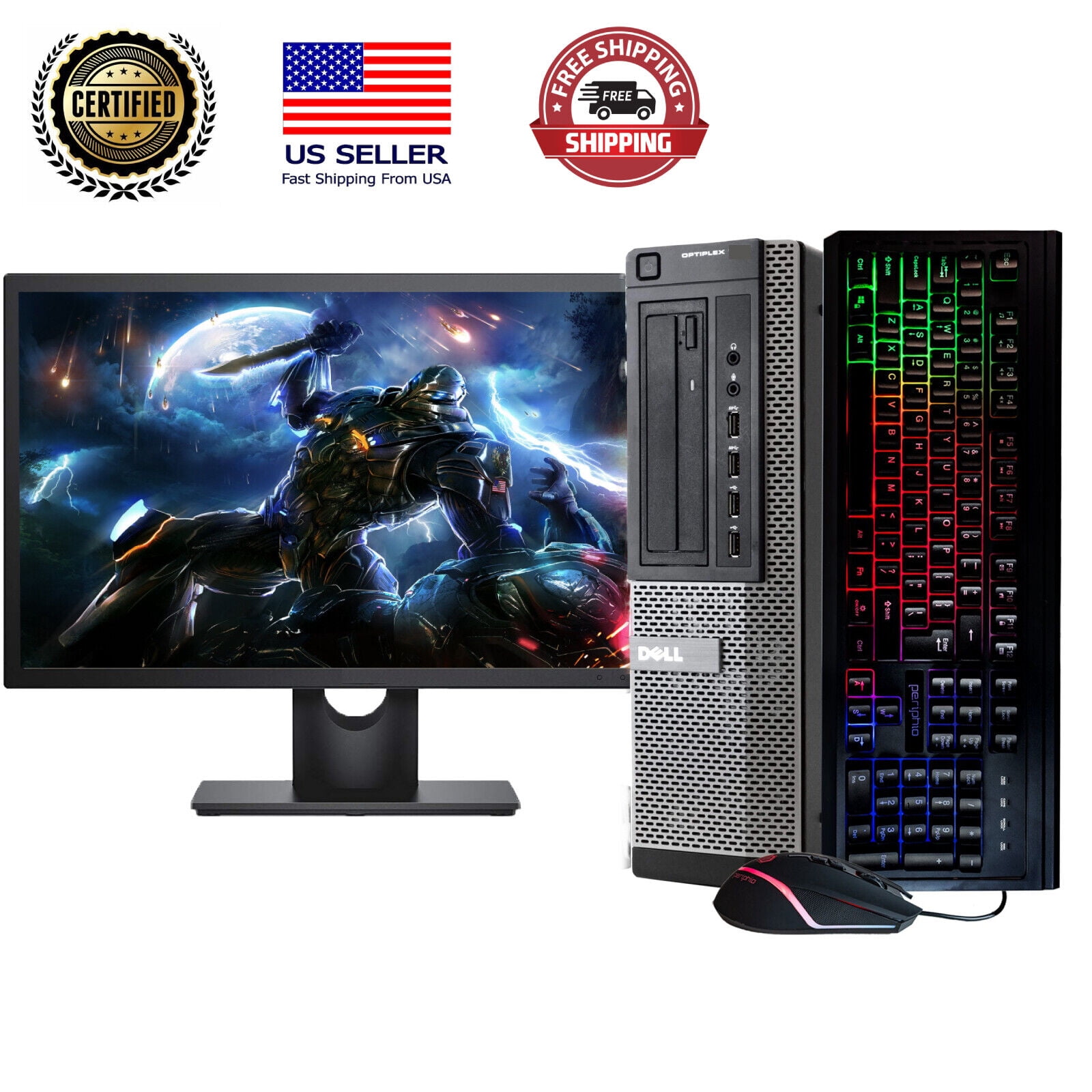 Pre-Owned Gaming DELL OptiPlex 7010 Desktop Computer PC - Intel Quad-Core i5, 1TB HDD, 16GB DDR3 RAM, Windows 10 Pro, DVD, WIFI, 24in Monitor, RGB Keyboard and Mouse (Refurbished: Like New)